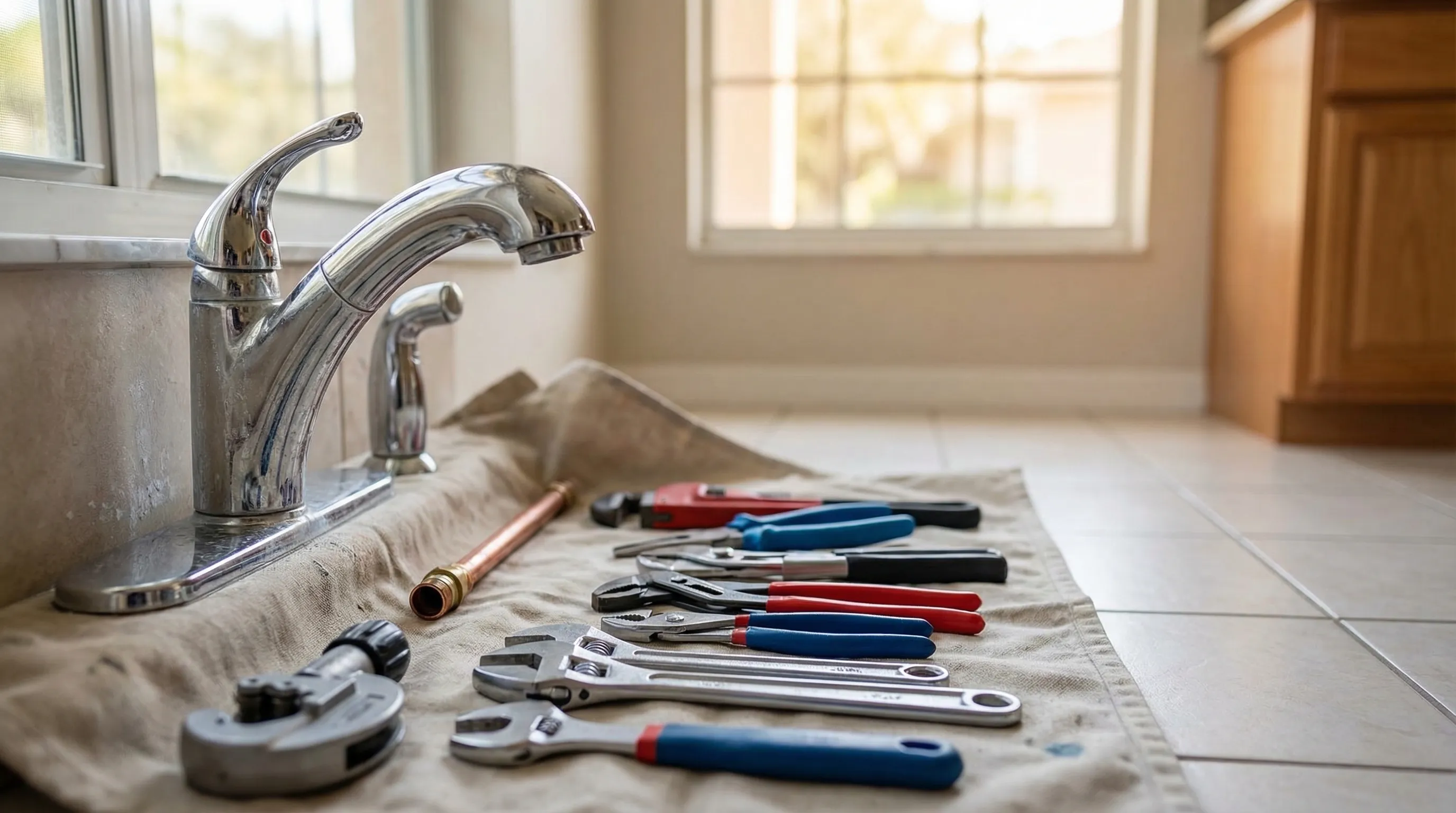 Professional plumber installing a water heater in a Lakeland, FL suburban home utility closet