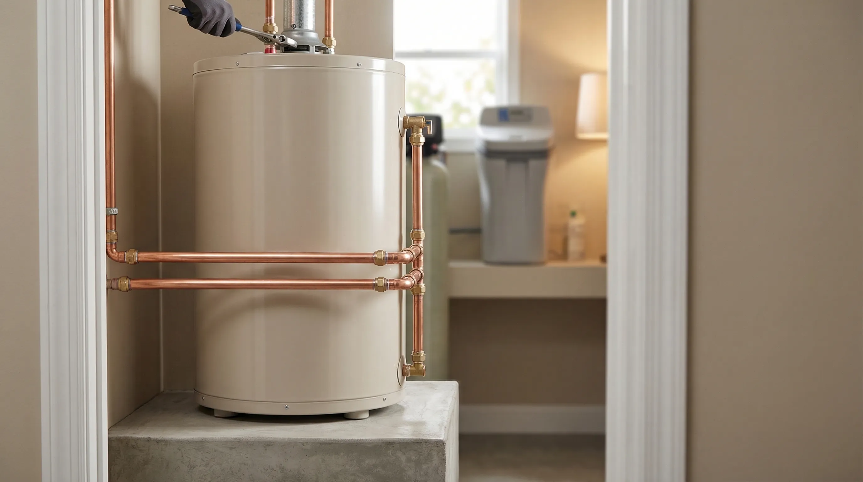 Professional plumber installing a water heater in a Lakeland, FL suburban home utility closet