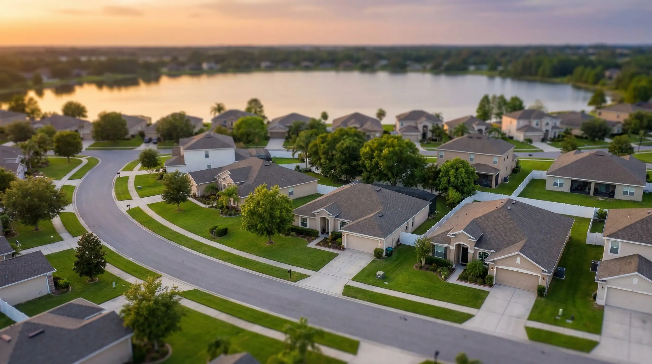 Real estate agent showing a young family a lakefront home in Lakeland, FL at golden hour