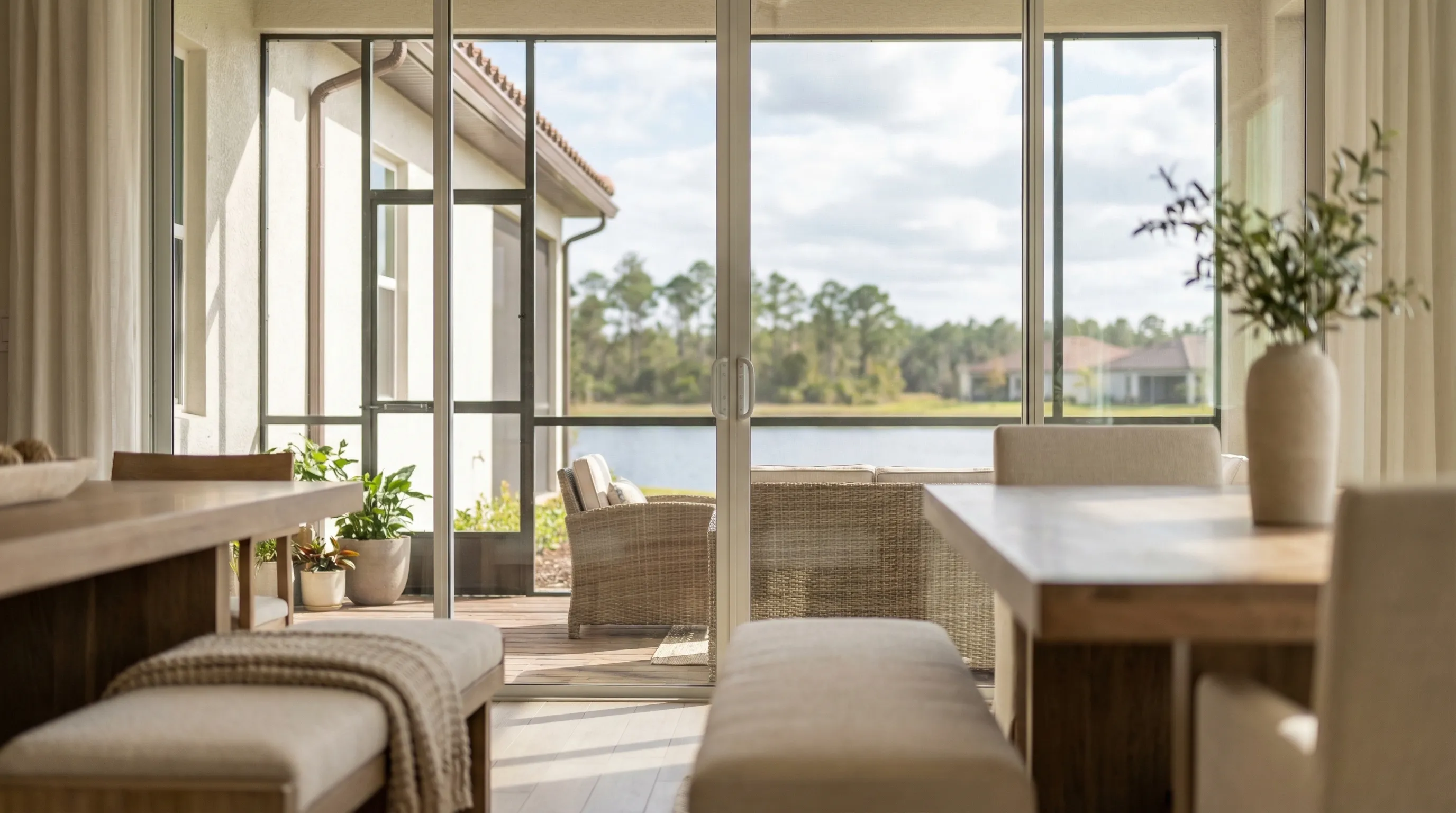 Real estate agent showing a young family a lakefront home in Lakeland, FL at golden hour