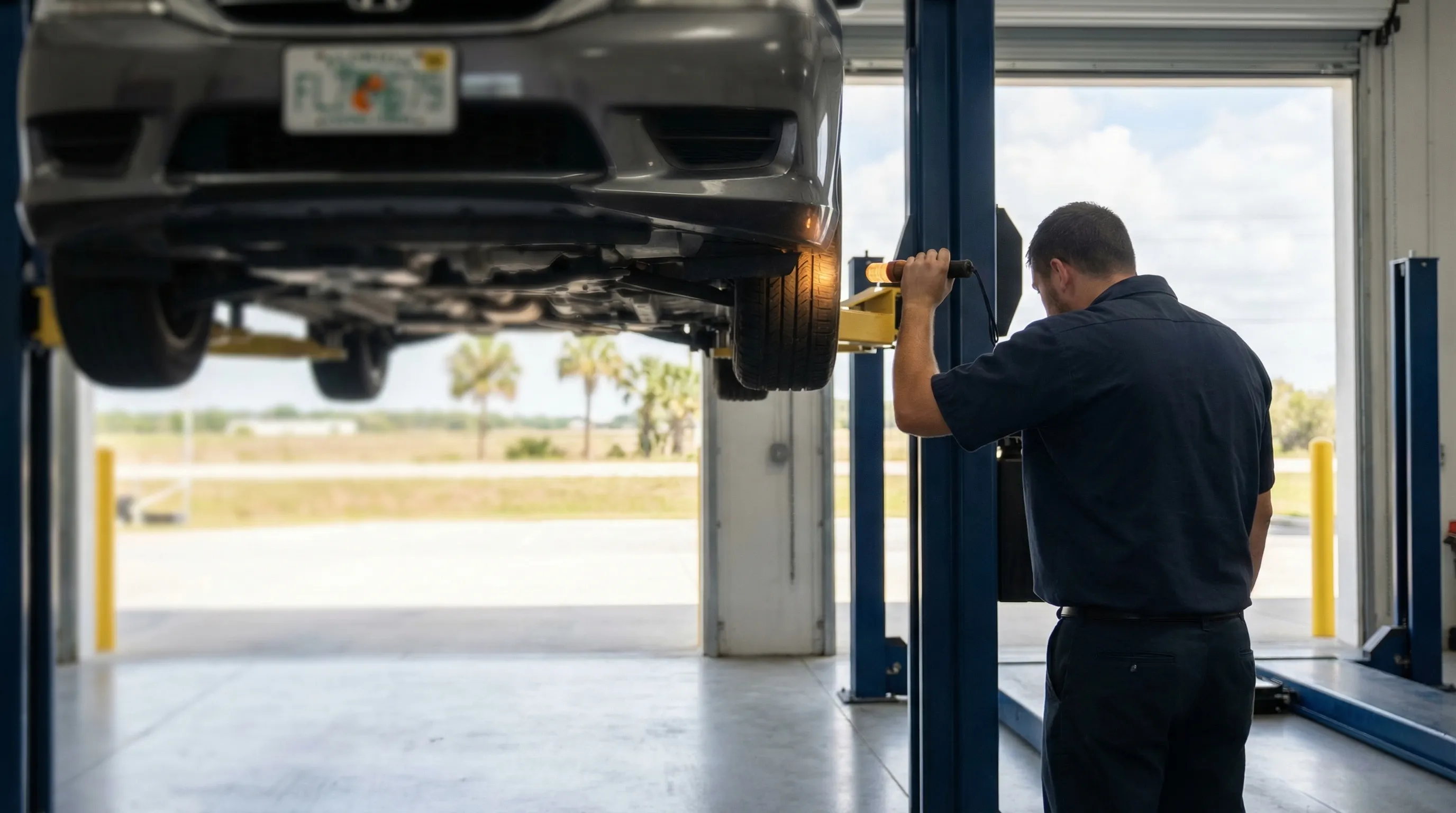 Auto mechanic inspecting a vehicle on a lift in a Lakeland, FL auto repair shop with I-4 corridor visible through the open bay door