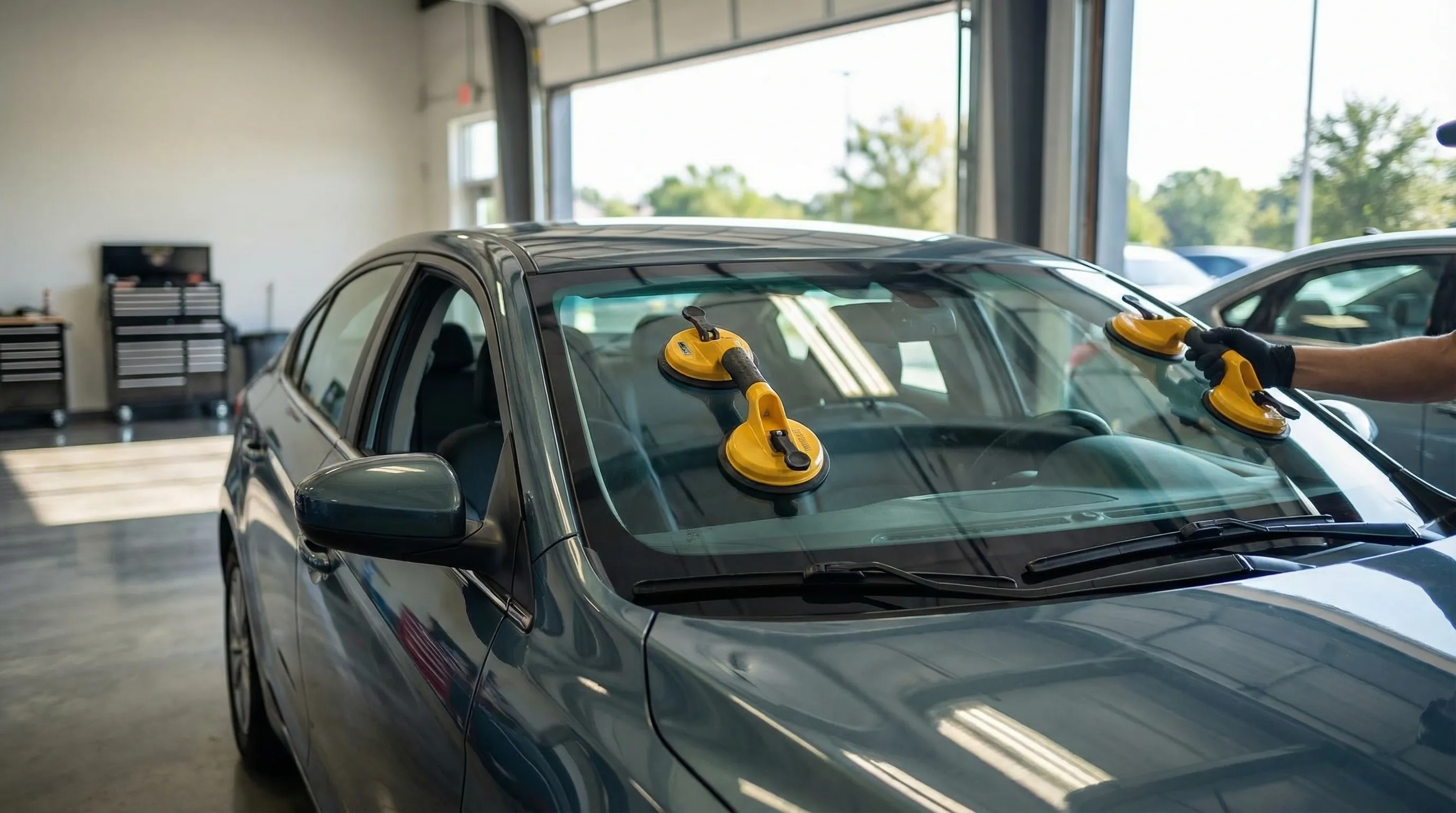 Auto mechanic inspecting a vehicle on a lift in a Lakeland, FL auto repair shop with I-4 corridor visible through the open bay door