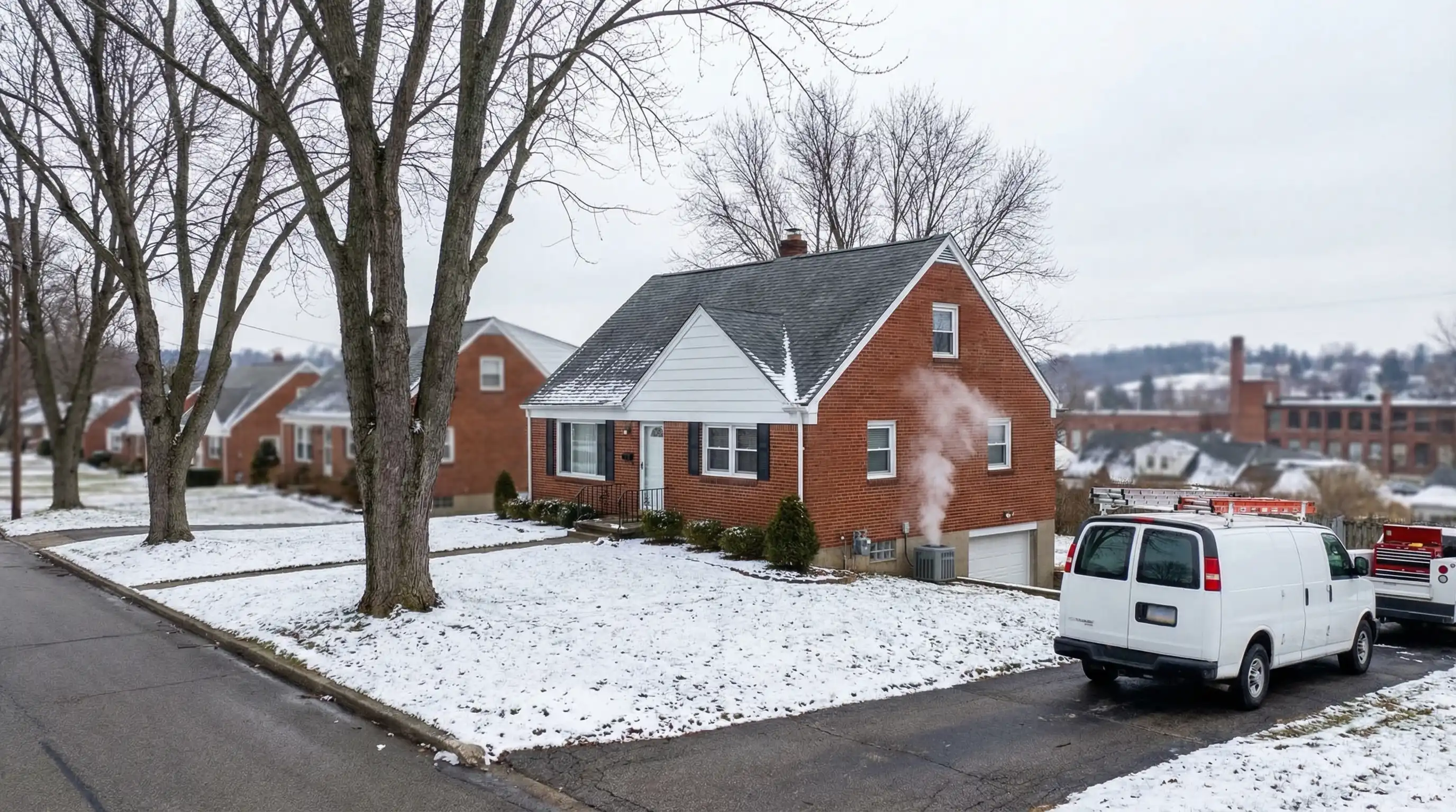 Professional HVAC technician servicing a furnace in a brick-walled basement utility room in Akron, OH