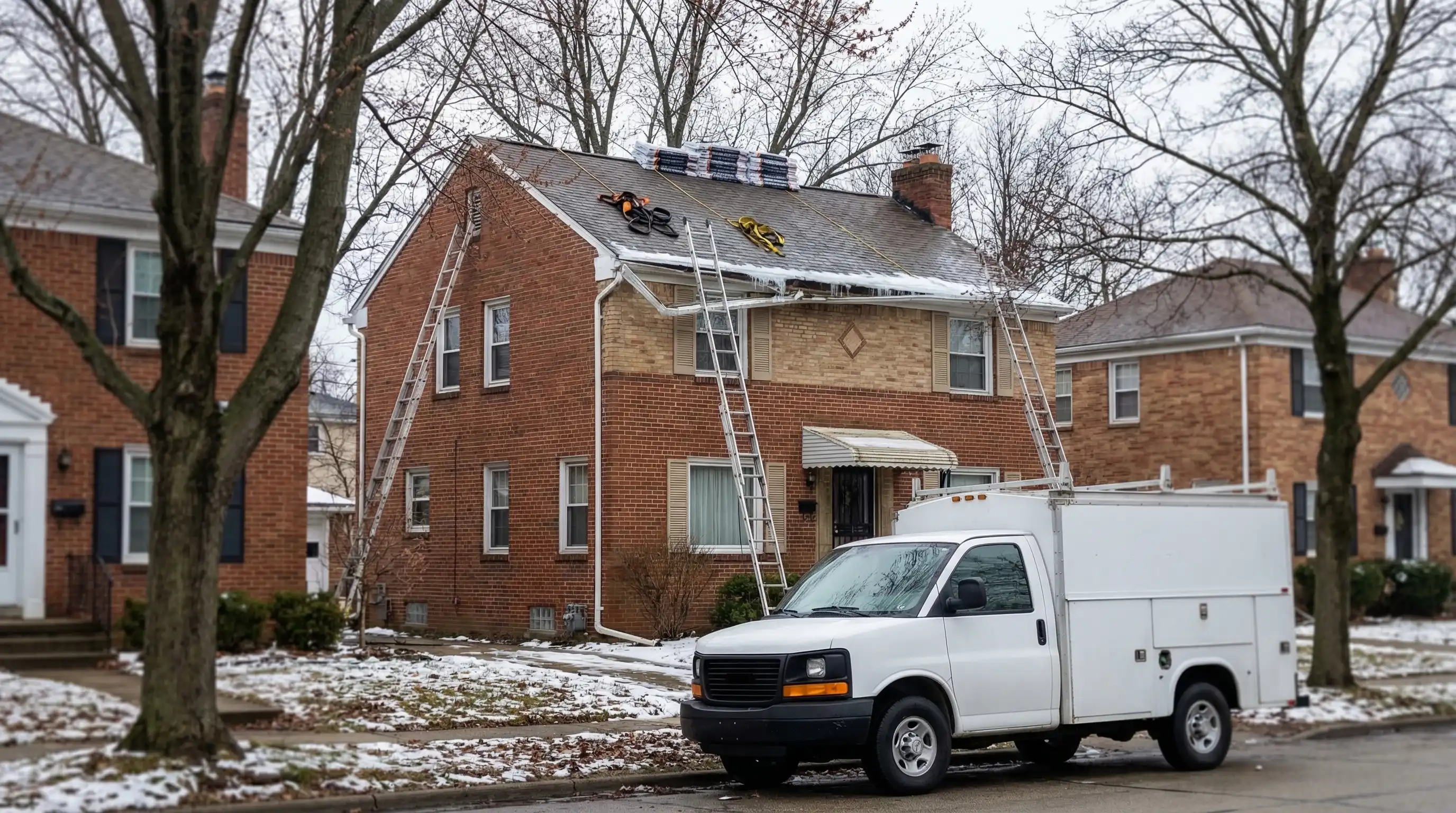 Roofing contractor installing dimensional shingles on a residential roof in an Akron, OH neighborhood
