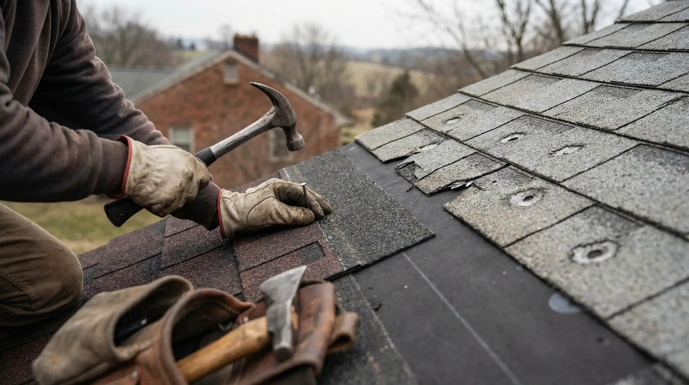Roofing contractor installing dimensional shingles on a residential roof in an Akron, OH neighborhood