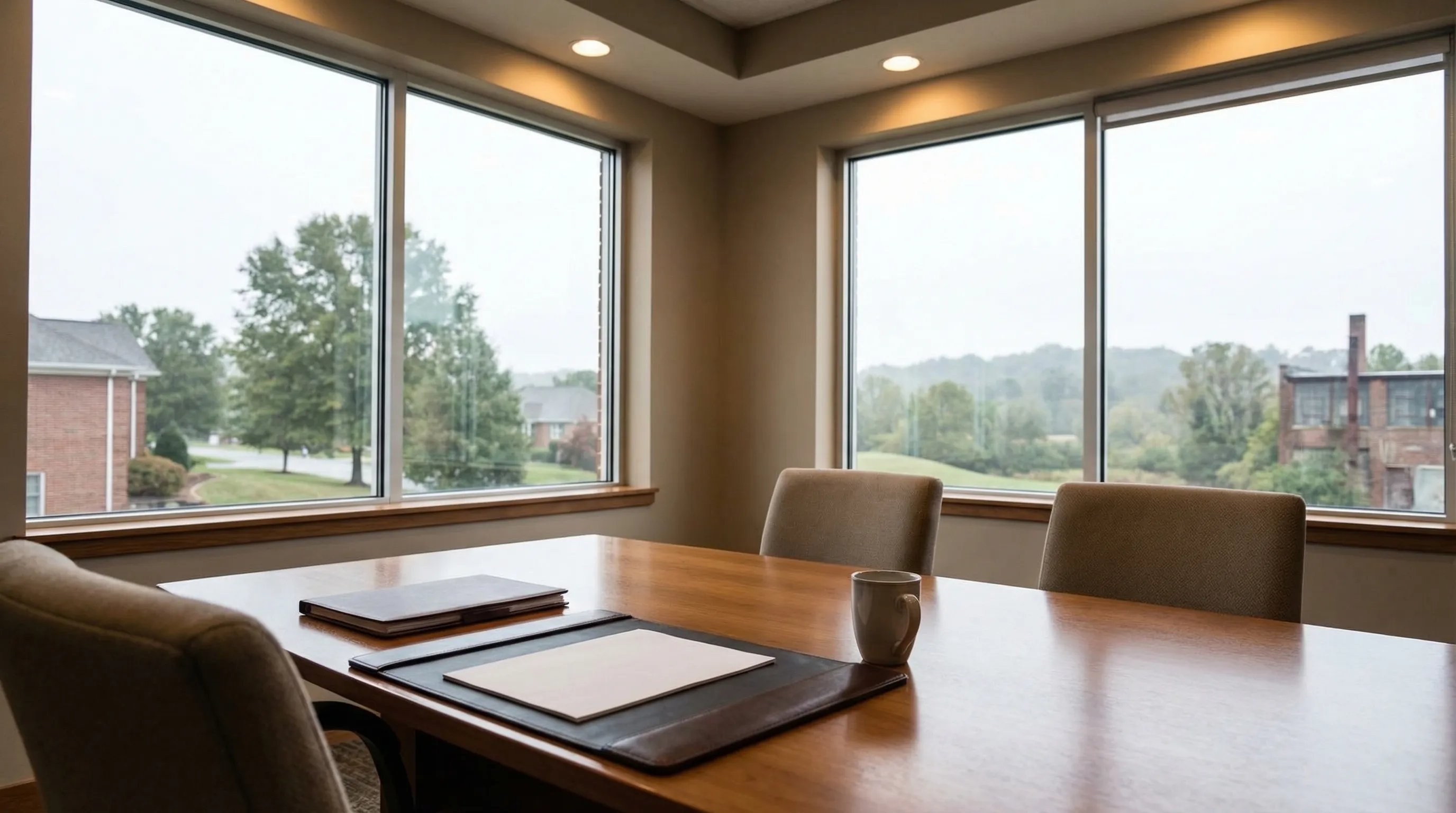 Personal injury attorney consultation room in a professional Akron, OH law office with Summit County Courthouse visible