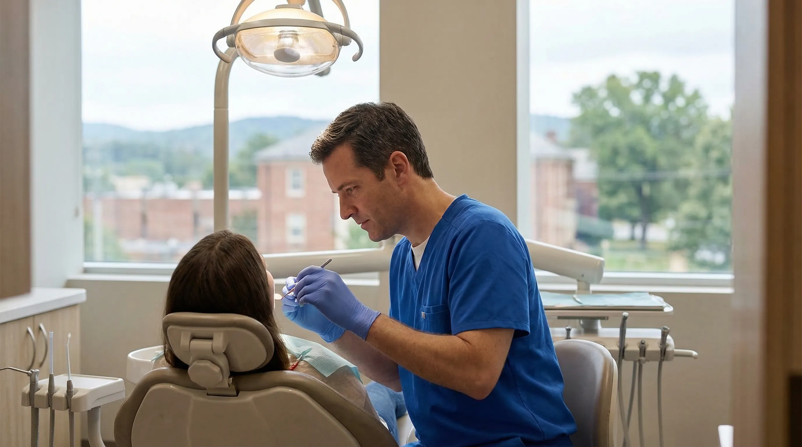 Dentist reviewing dental work with a patient in a modern dental office in Akron, OH