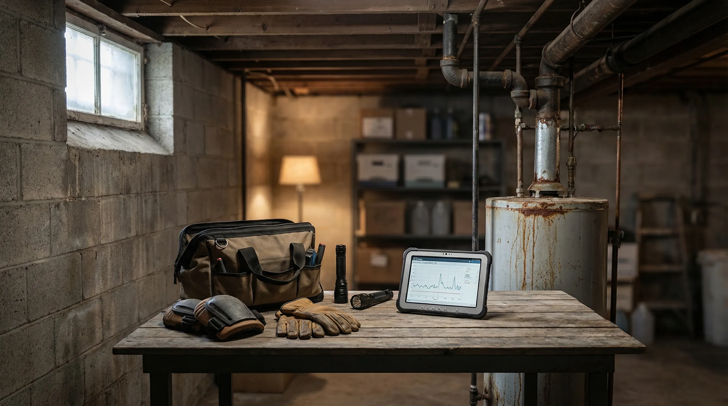 Plumber inspecting corroded galvanized pipes in the basement of an older Akron, OH home