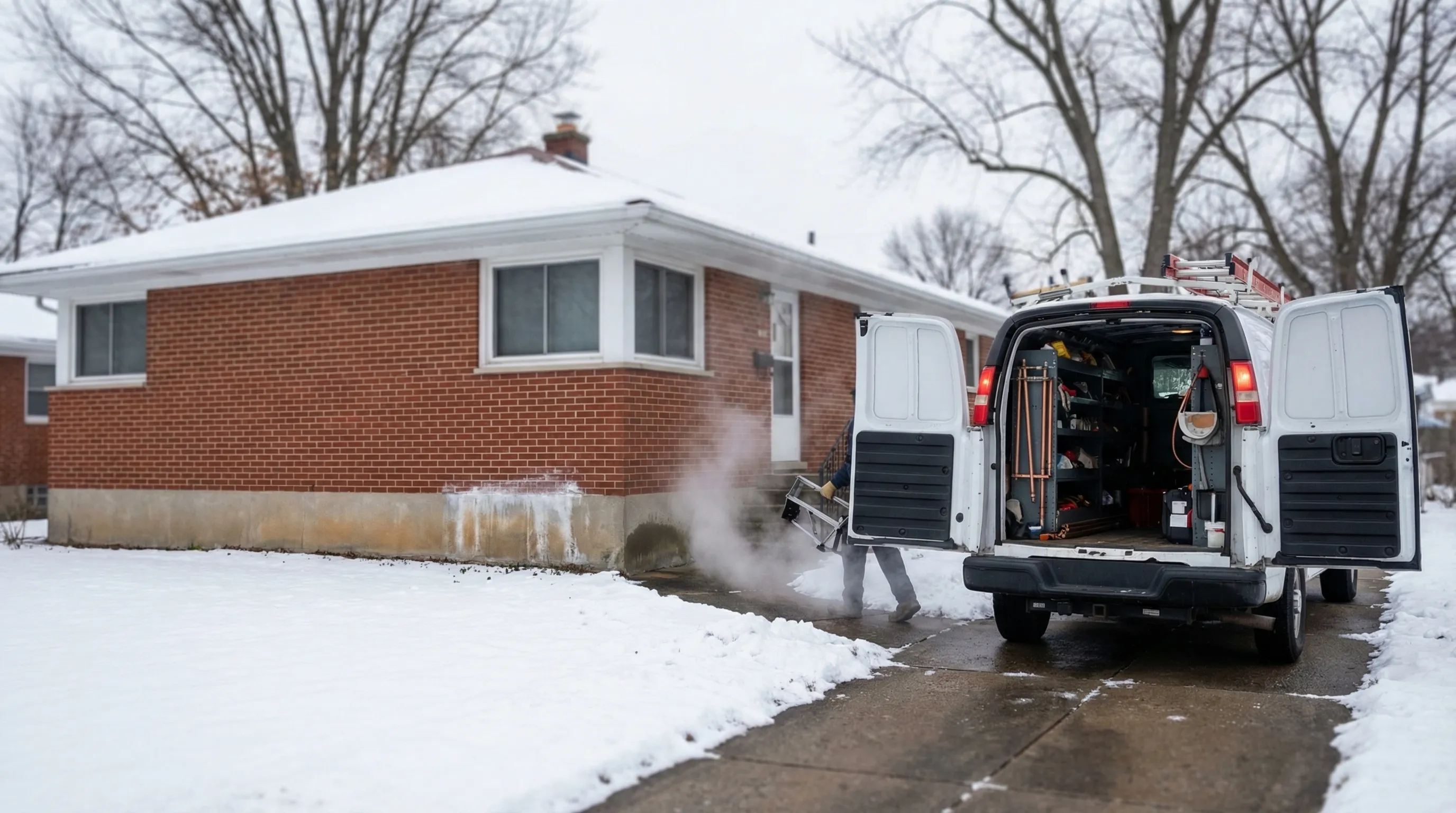 Plumber inspecting corroded galvanized pipes in the basement of an older Akron, OH home