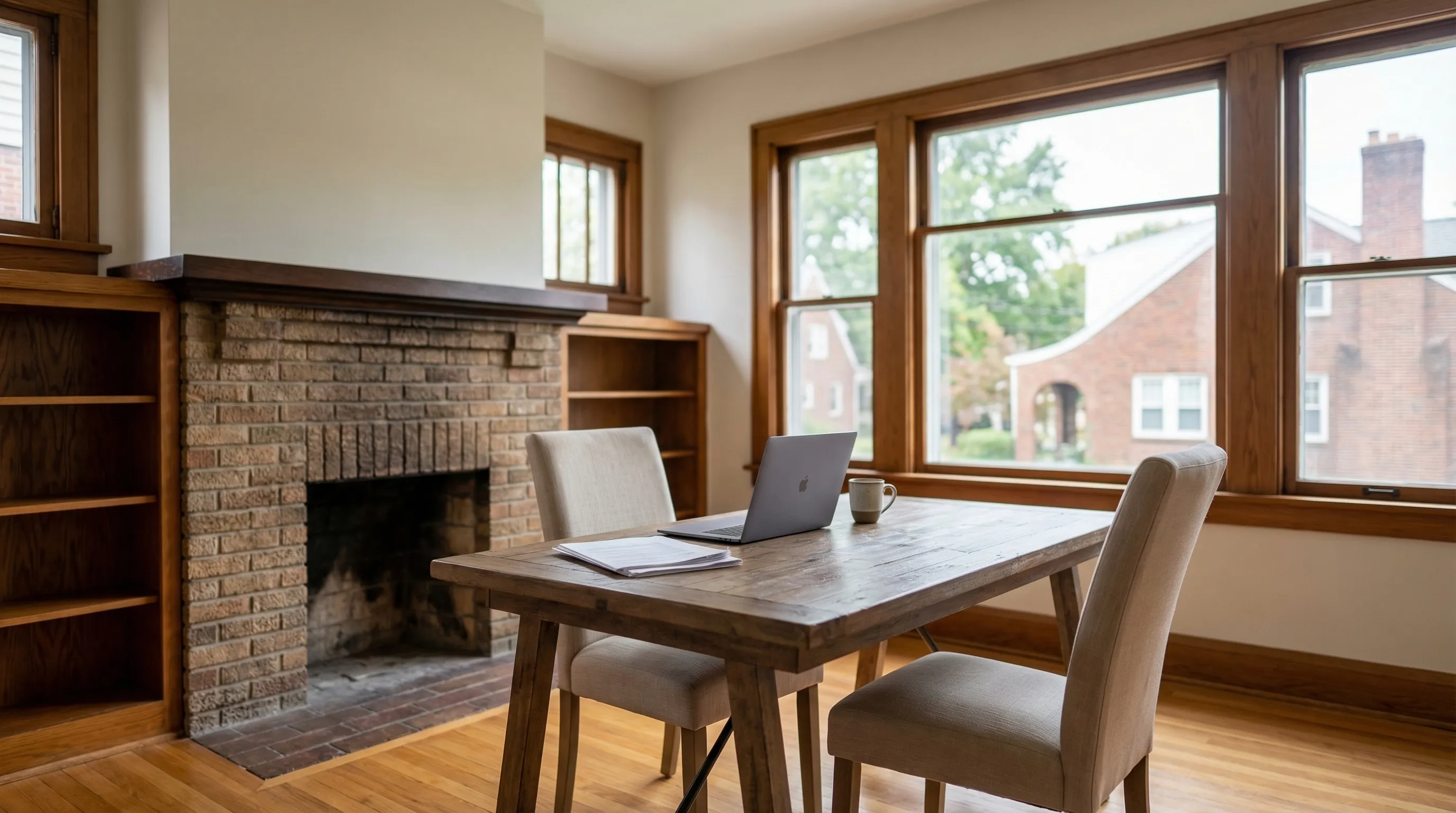 Real estate agent handing keys to buyers in front of a craftsman bungalow in Akron's Highland Square neighborhood, OH
