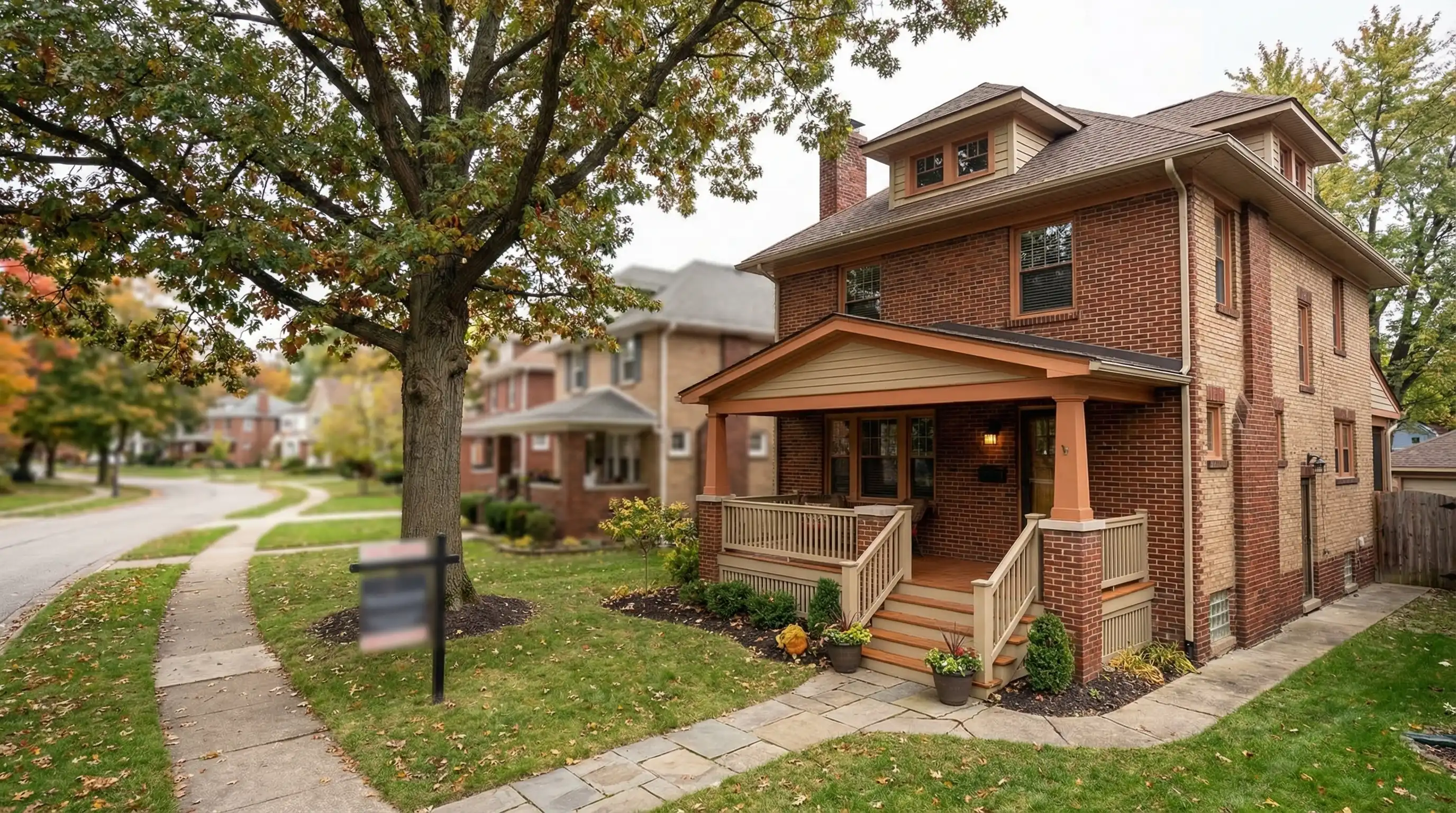Real estate agent handing keys to buyers in front of a craftsman bungalow in Akron's Highland Square neighborhood, OH