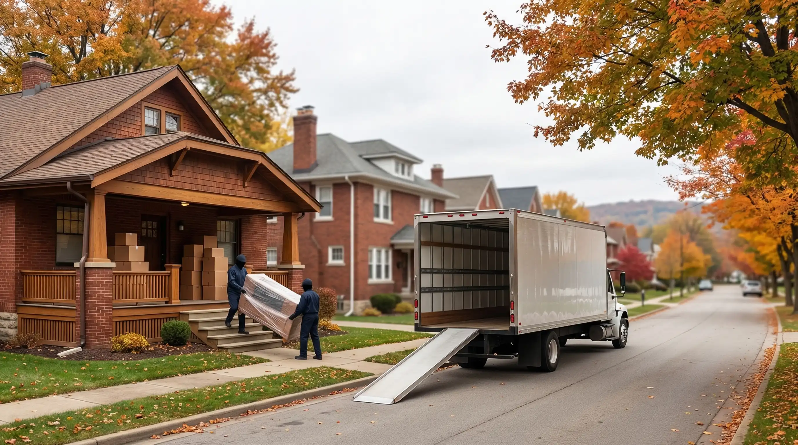 Moving crew carrying furniture out of a craftsman home on a tree-lined street in Akron, OH on a summer moving day