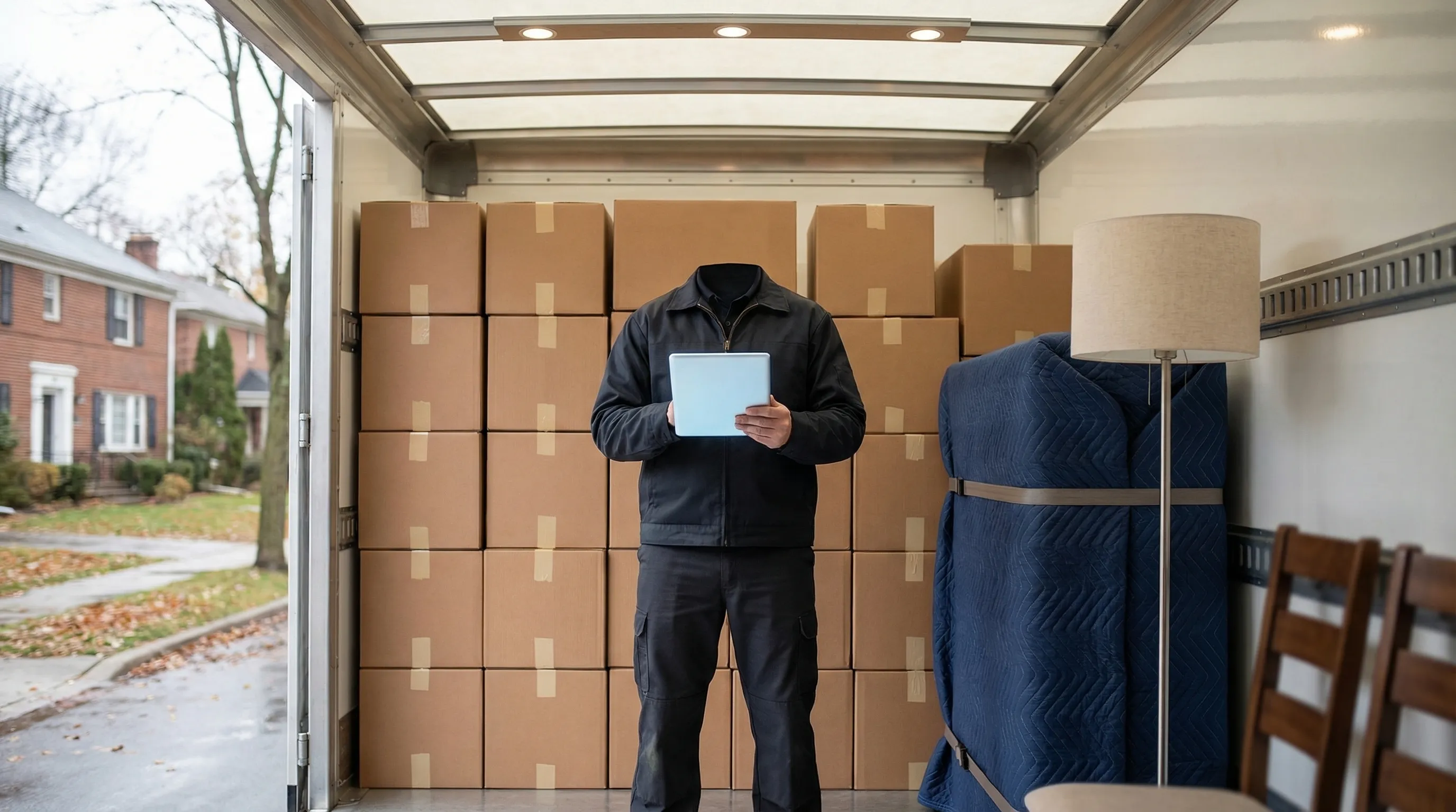 Moving crew carrying furniture out of a craftsman home on a tree-lined street in Akron, OH on a summer moving day