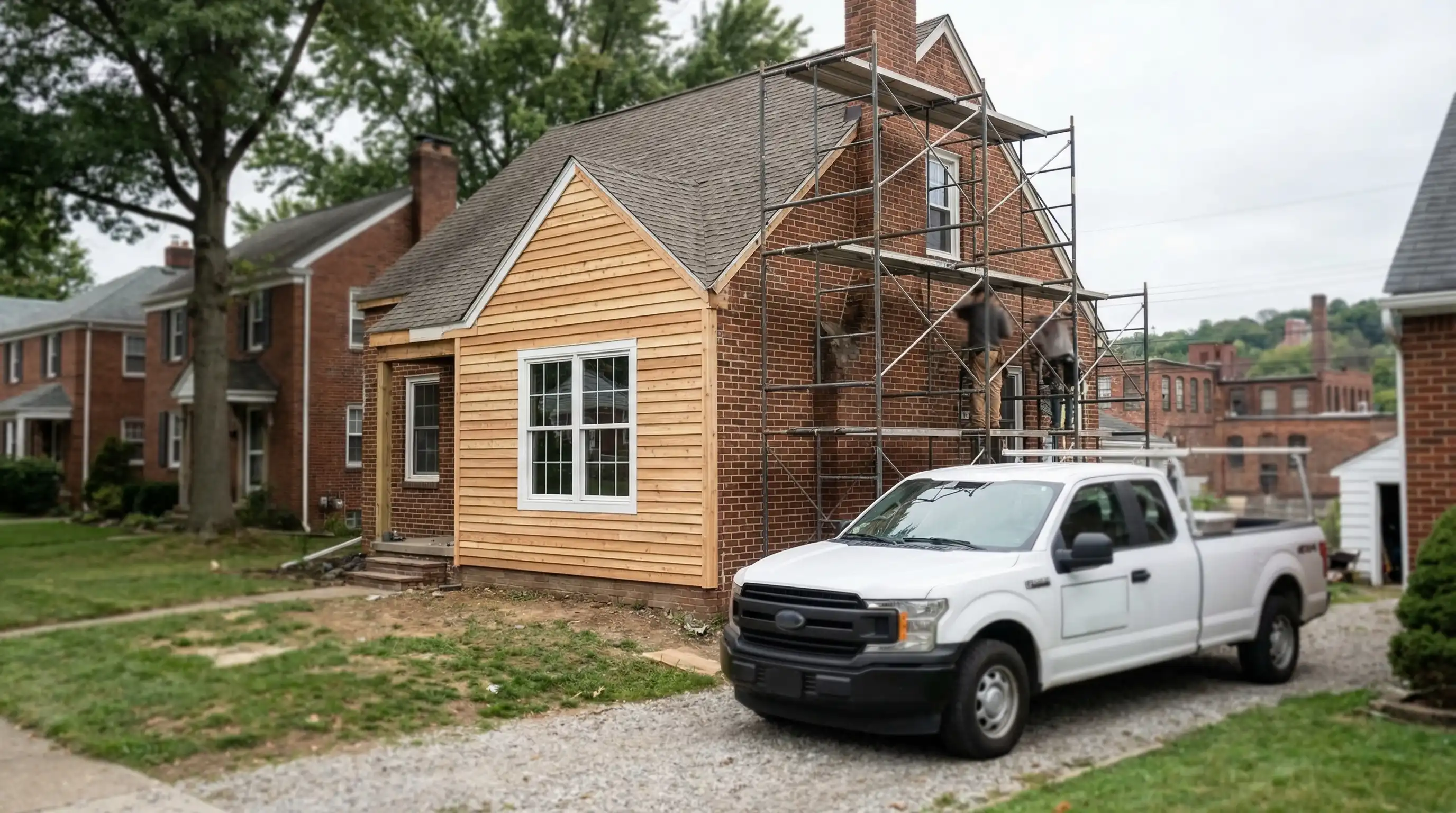 General contractor reviewing renovation plans in a partially remodeled kitchen of a craftsman home in Akron, OH