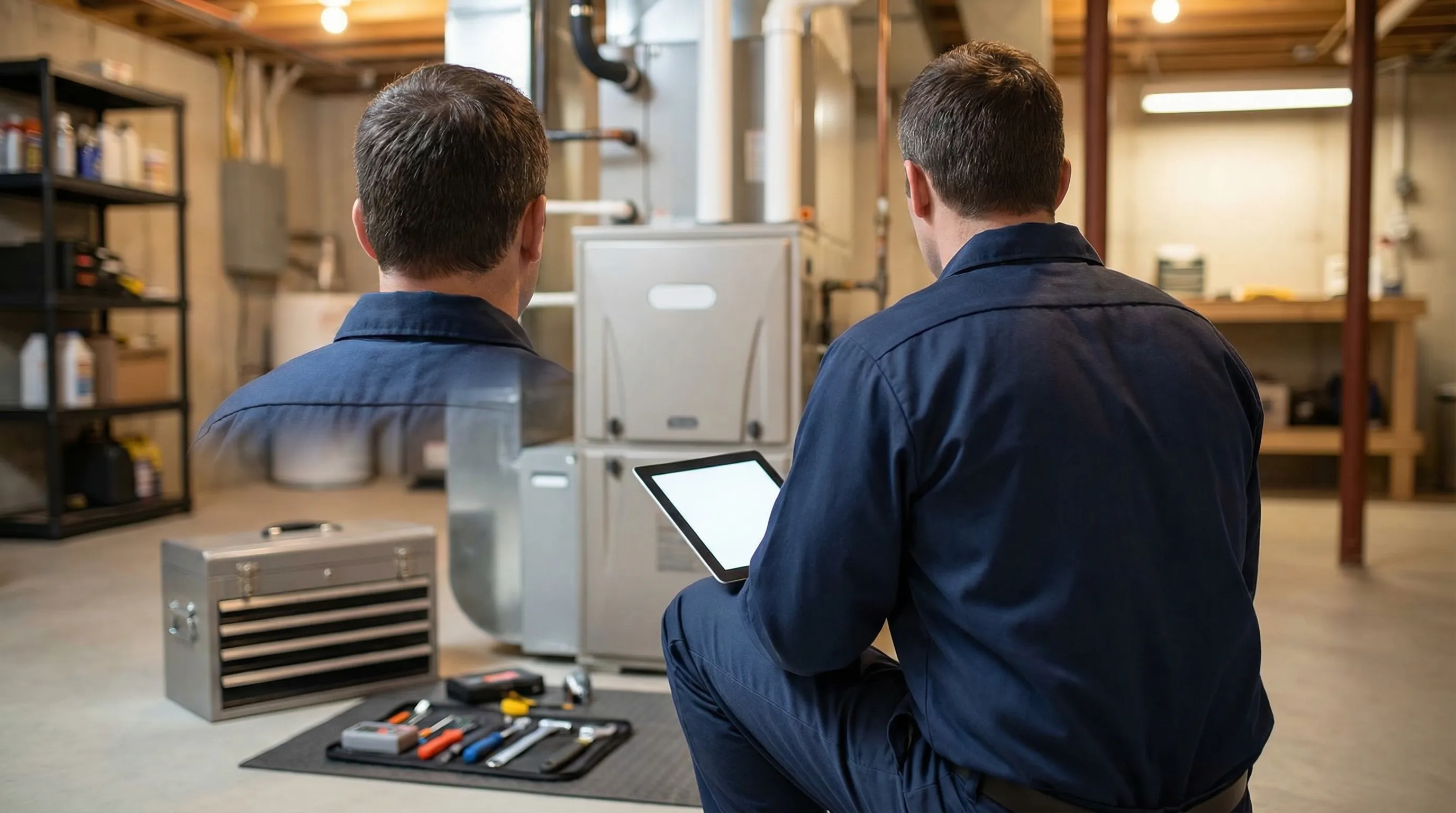 Professional HVAC technician servicing a furnace in a Lincoln, NE residential home basement