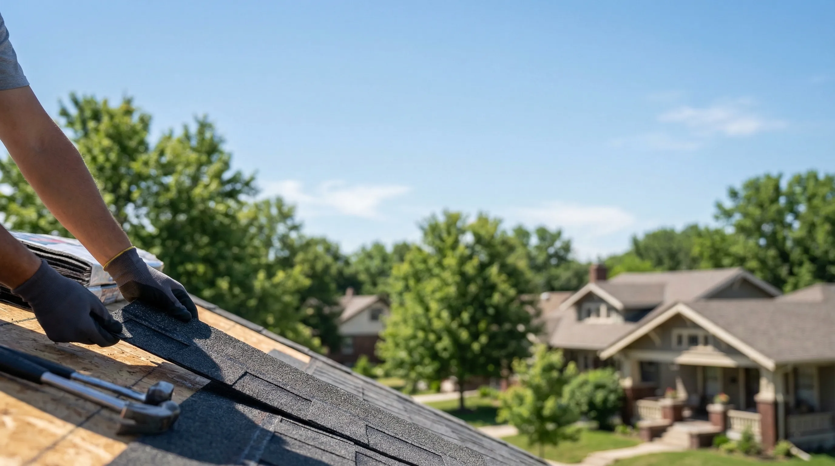 Roofing contractor installing new shingles on a Lincoln, NE home during summer roof replacement project