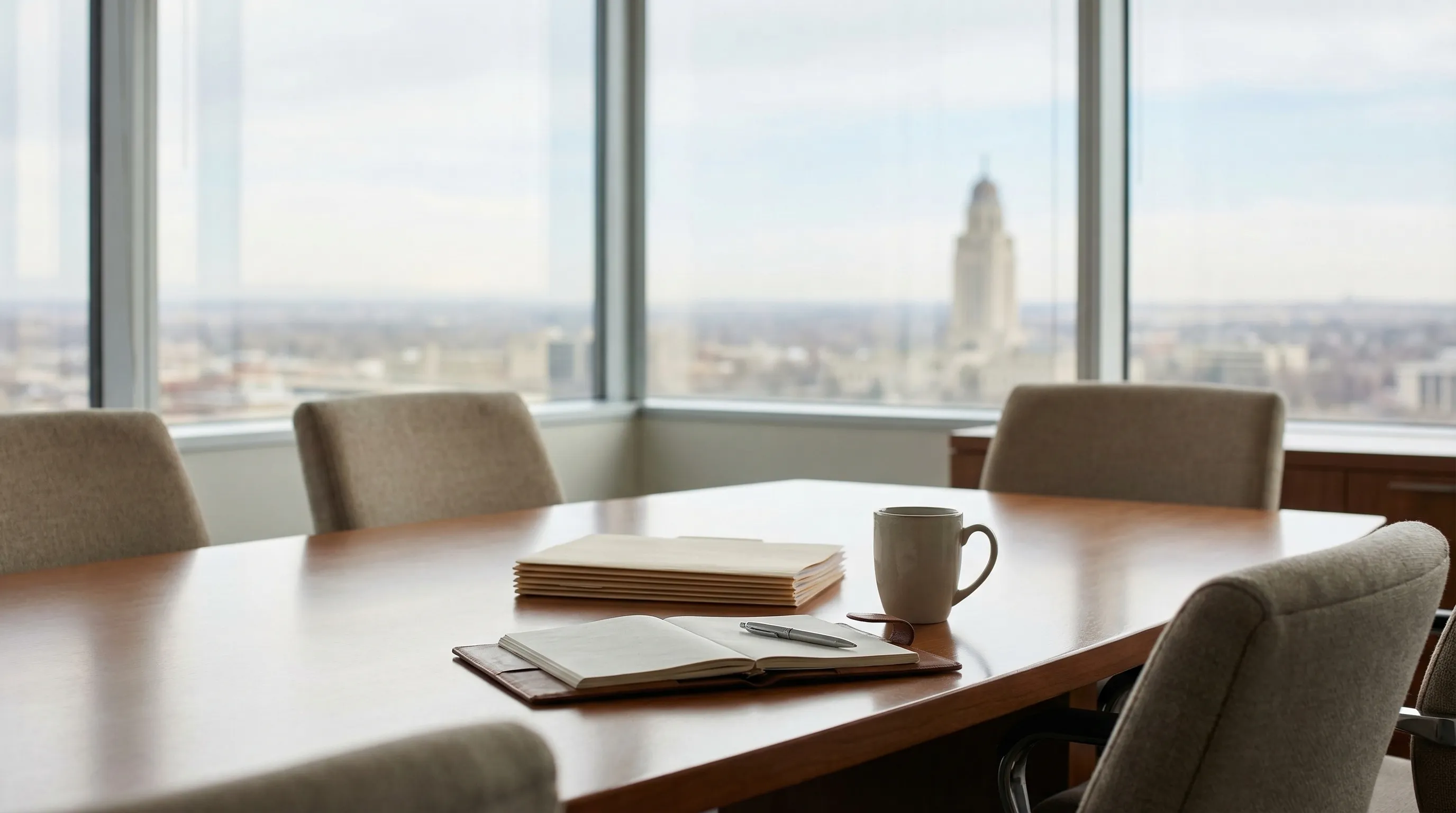 Professional attorney consulting with a client in a Lincoln, NE law office conference room