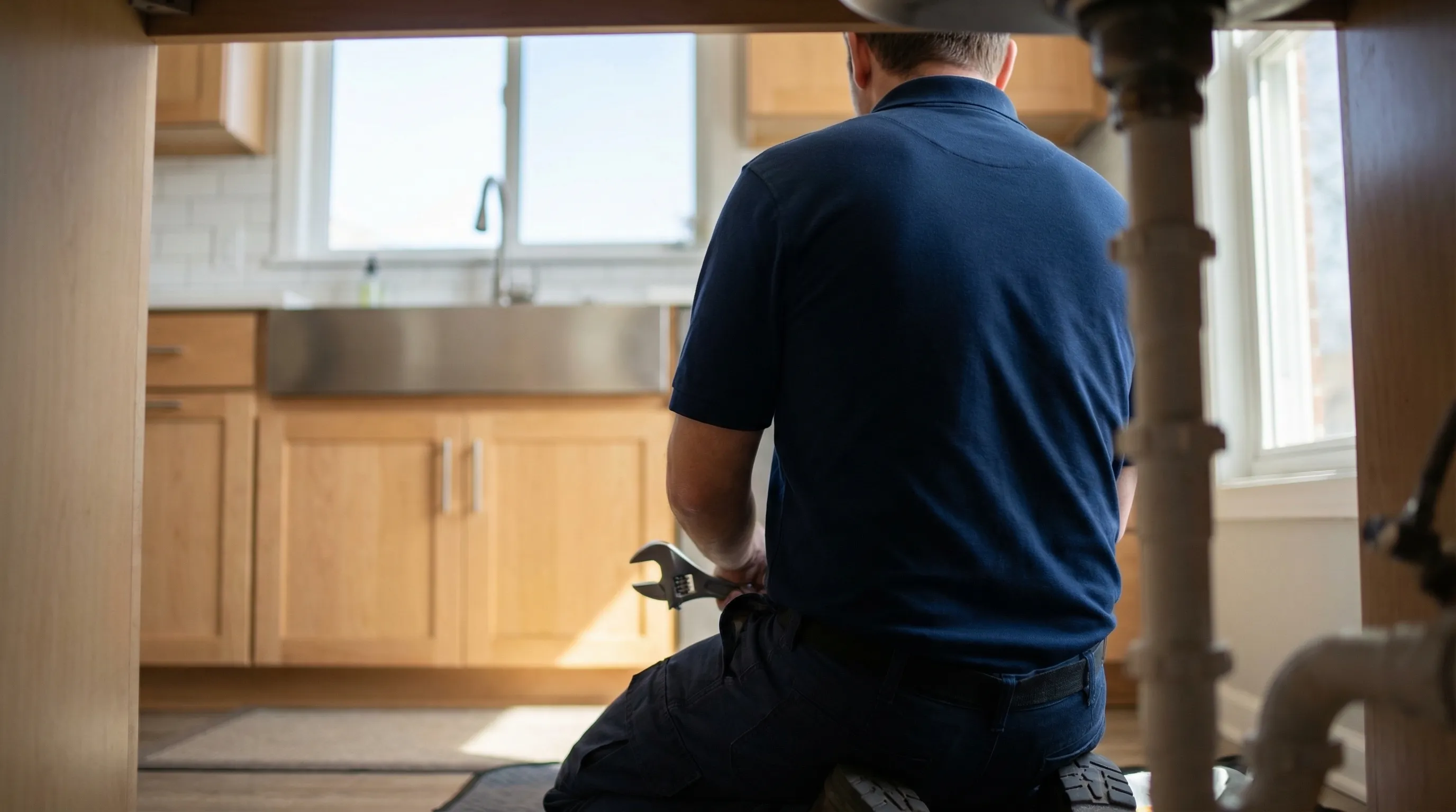 Licensed plumber working under a kitchen sink in a Lincoln, NE home wearing a branded uniform, tools in hand, professional and focused