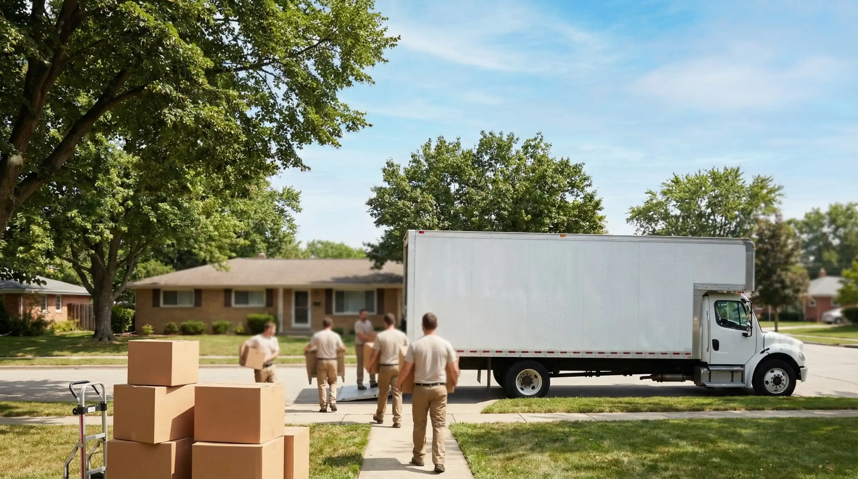 Professional moving crew loading furniture onto a truck in front of a Lincoln, NE ranch-style home on a clear summer day with mature trees lining the street