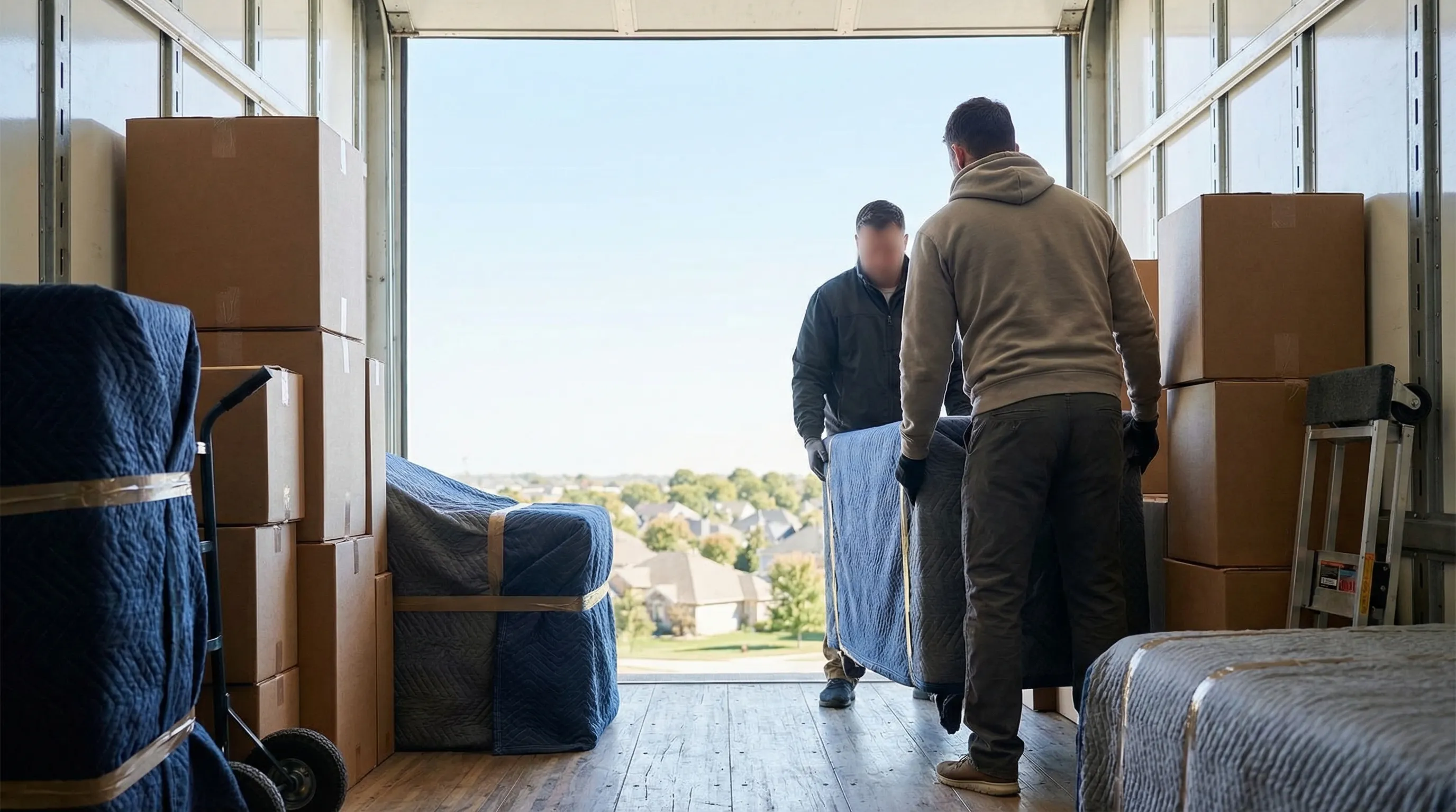 Professional moving crew loading furniture onto a truck in front of a Lincoln, NE ranch-style home on a clear summer day with mature trees lining the street