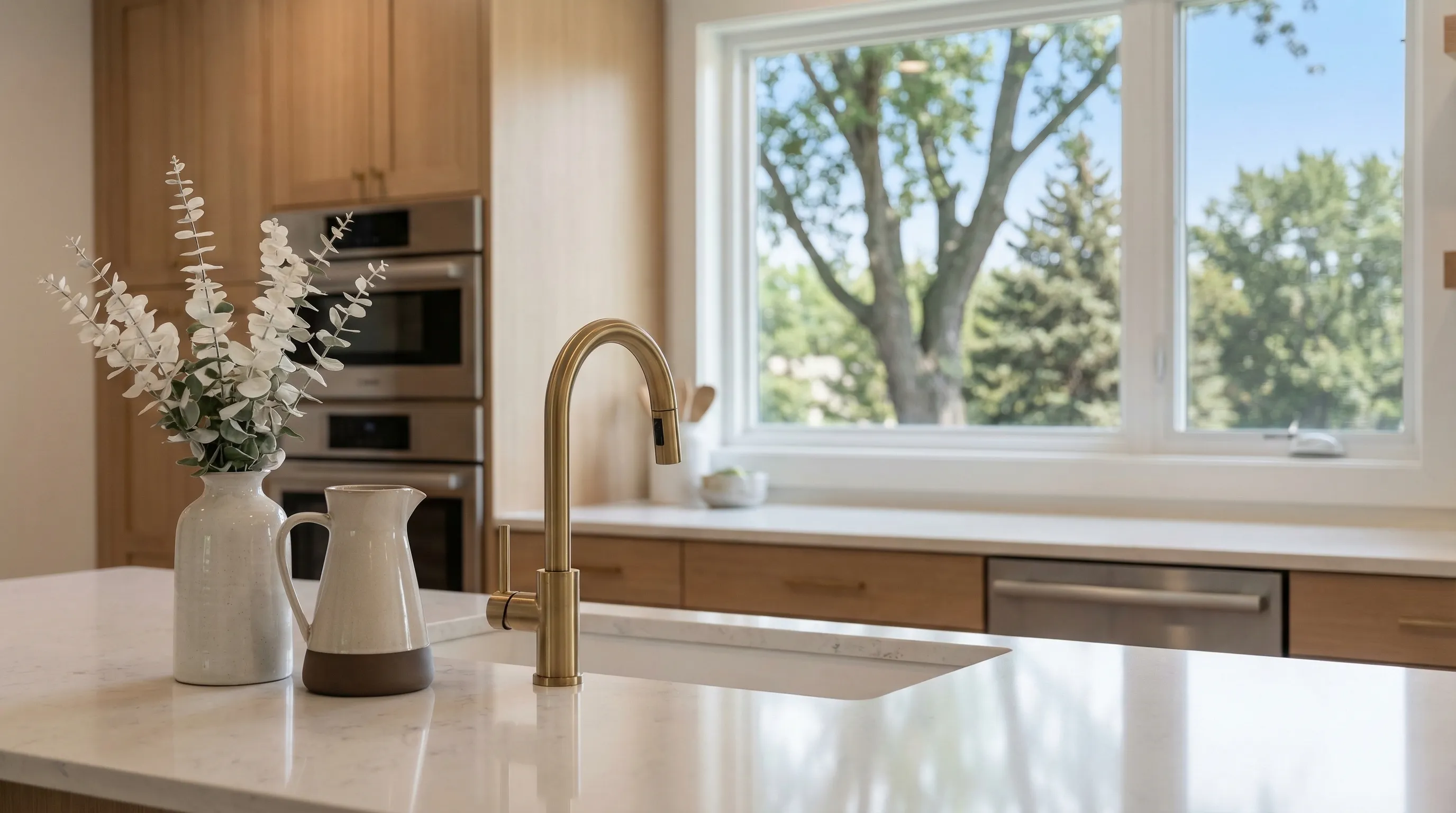 Completed kitchen remodel in a Lincoln, NE home with white cabinetry, quartz countertops, and warm natural light from a large window showing quality residential construction work