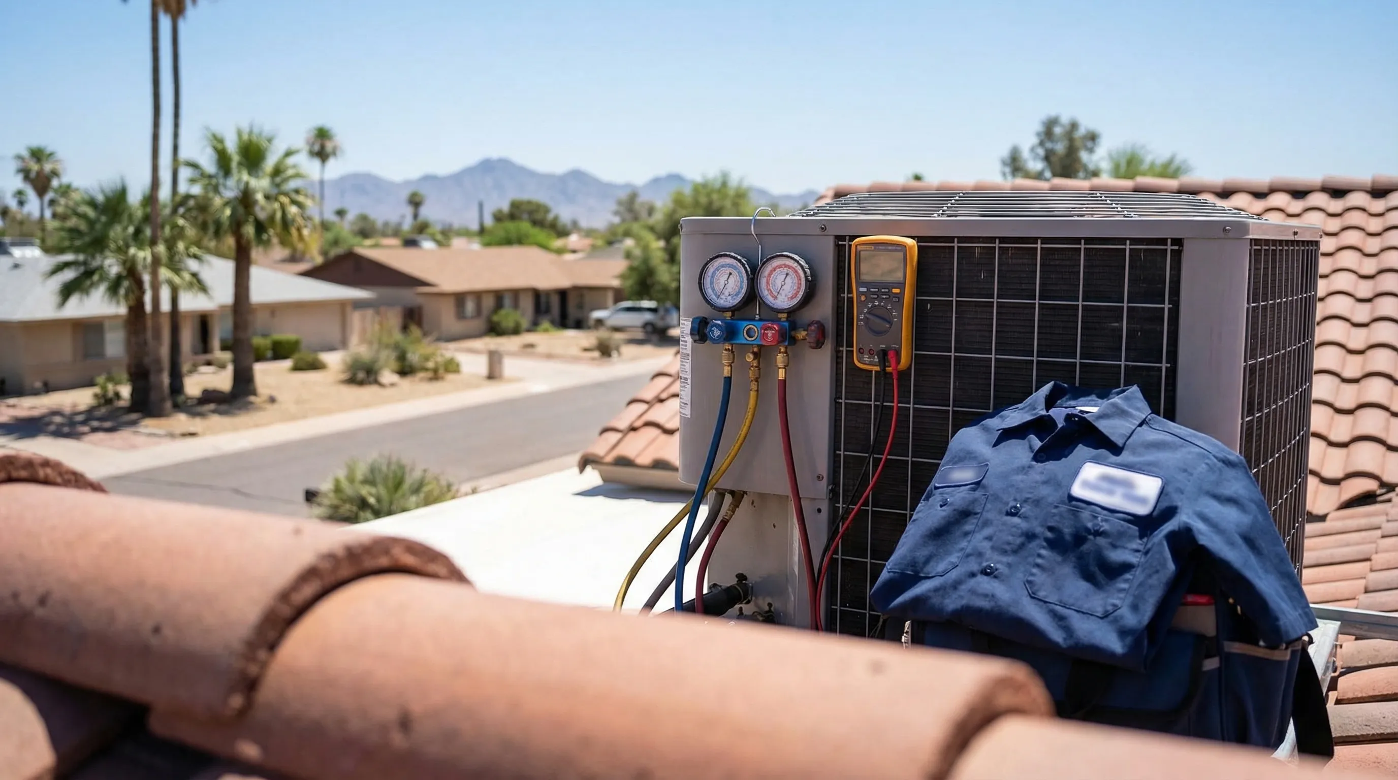 Professional HVAC technician servicing an outdoor air conditioning unit at a stucco home in Glendale, AZ