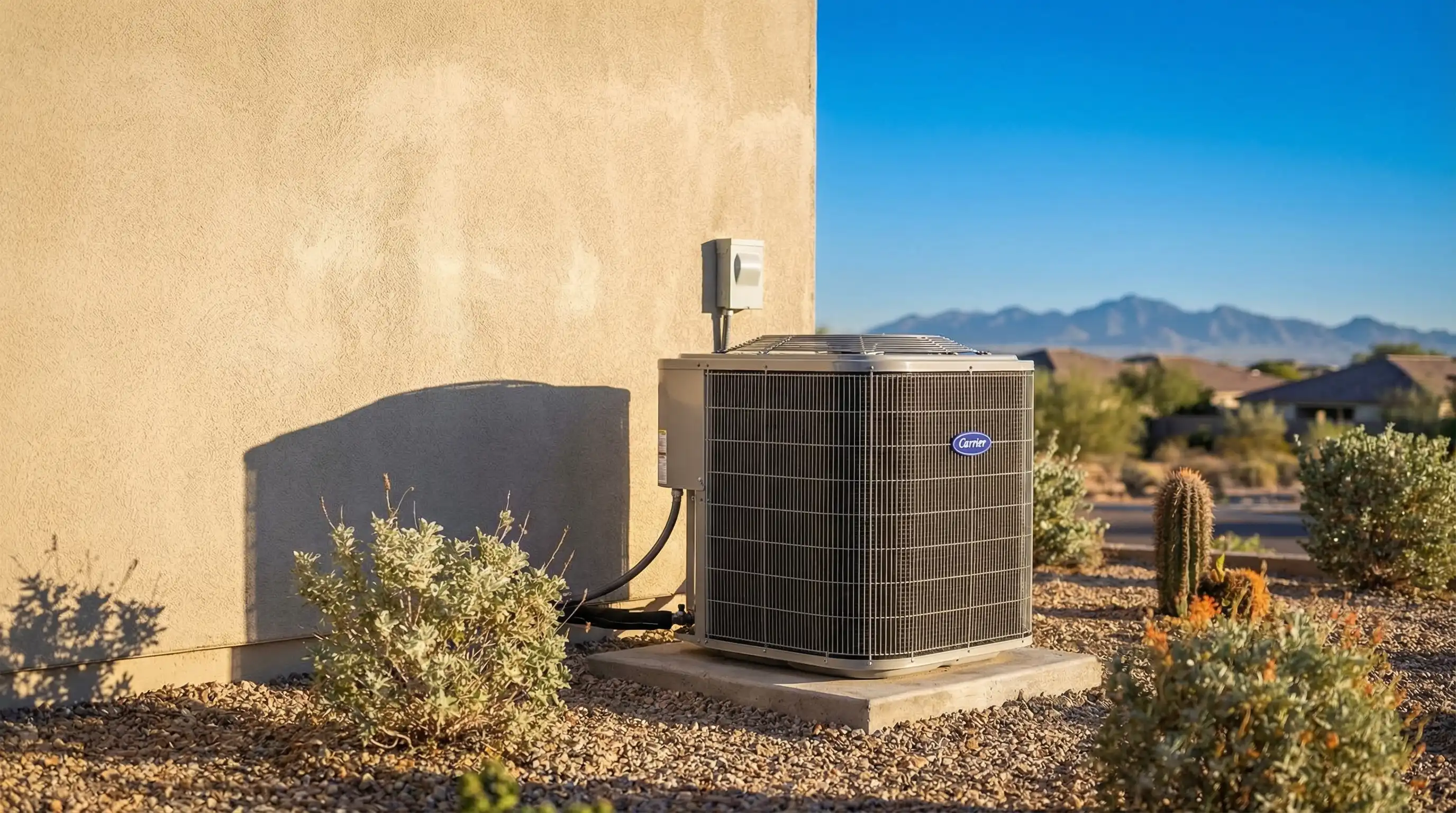 Professional HVAC technician servicing an outdoor air conditioning unit at a stucco home in Glendale, AZ