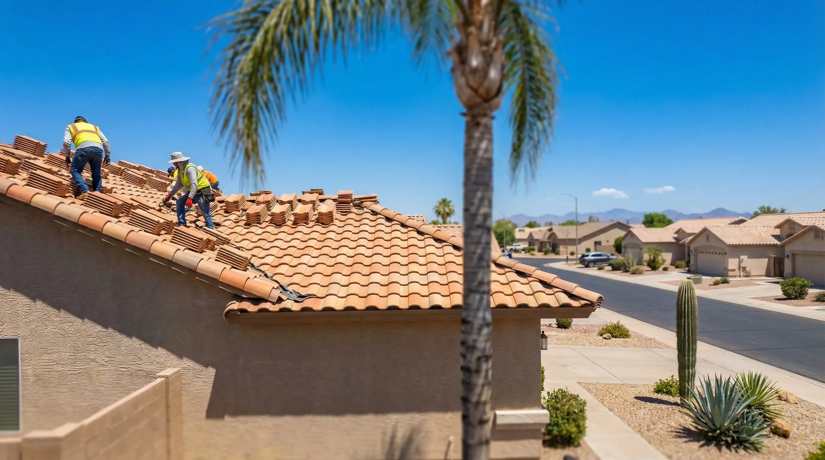 Professional roofing contractor inspecting tile roof on a single-story stucco home in Glendale, AZ under a clear blue Arizona sky