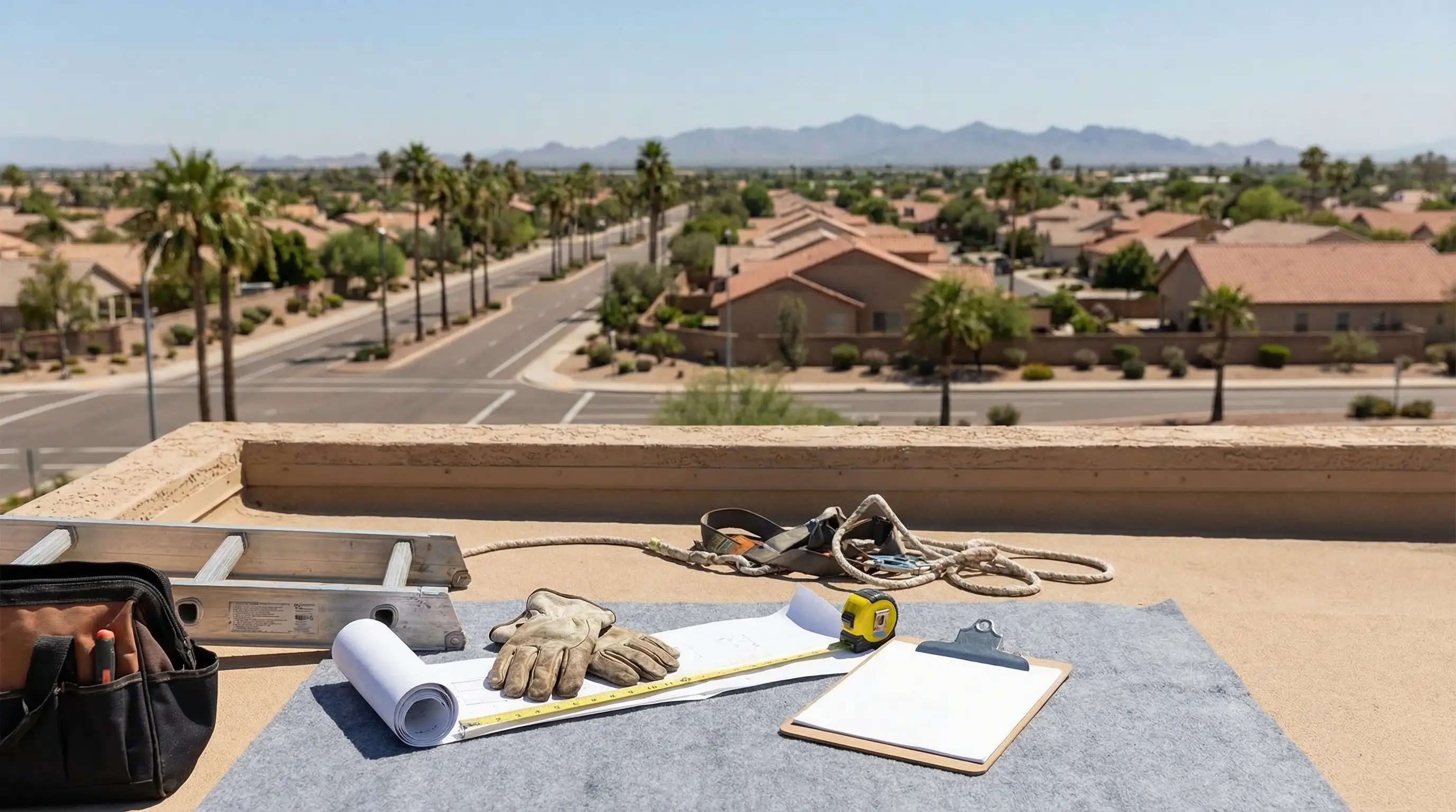 Professional roofing contractor inspecting tile roof on a single-story stucco home in Glendale, AZ under a clear blue Arizona sky