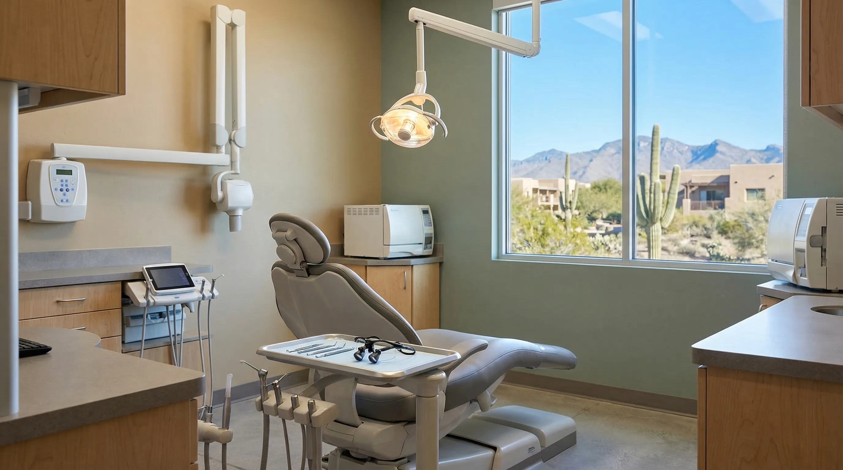 Professional dentist examining a patient in a modern dental practice in Glendale, AZ with warm desert-tone interior