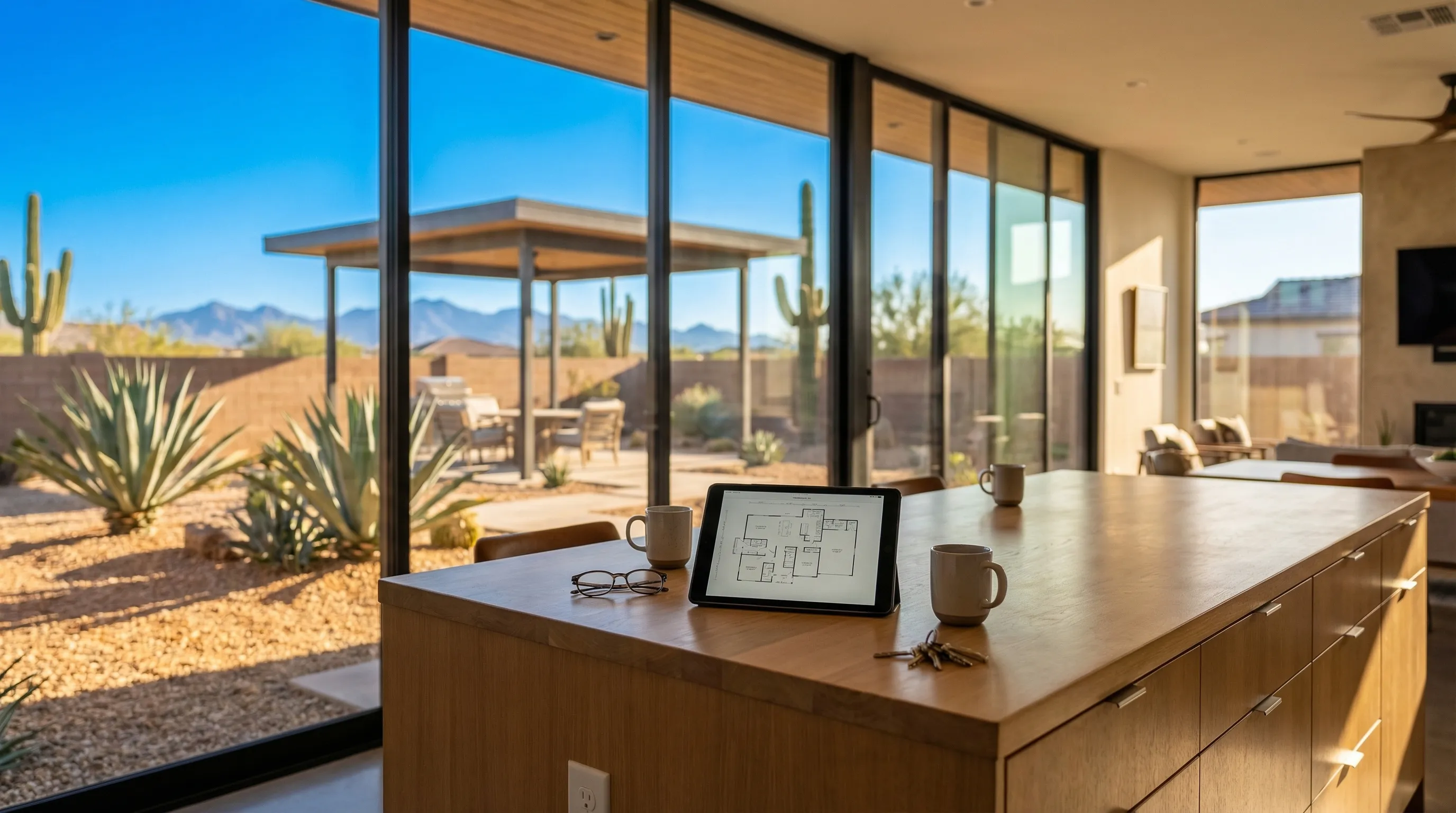 Real estate agent showing a Spanish-style home with terracotta tile roof to buyers in Glendale, AZ under clear blue sky