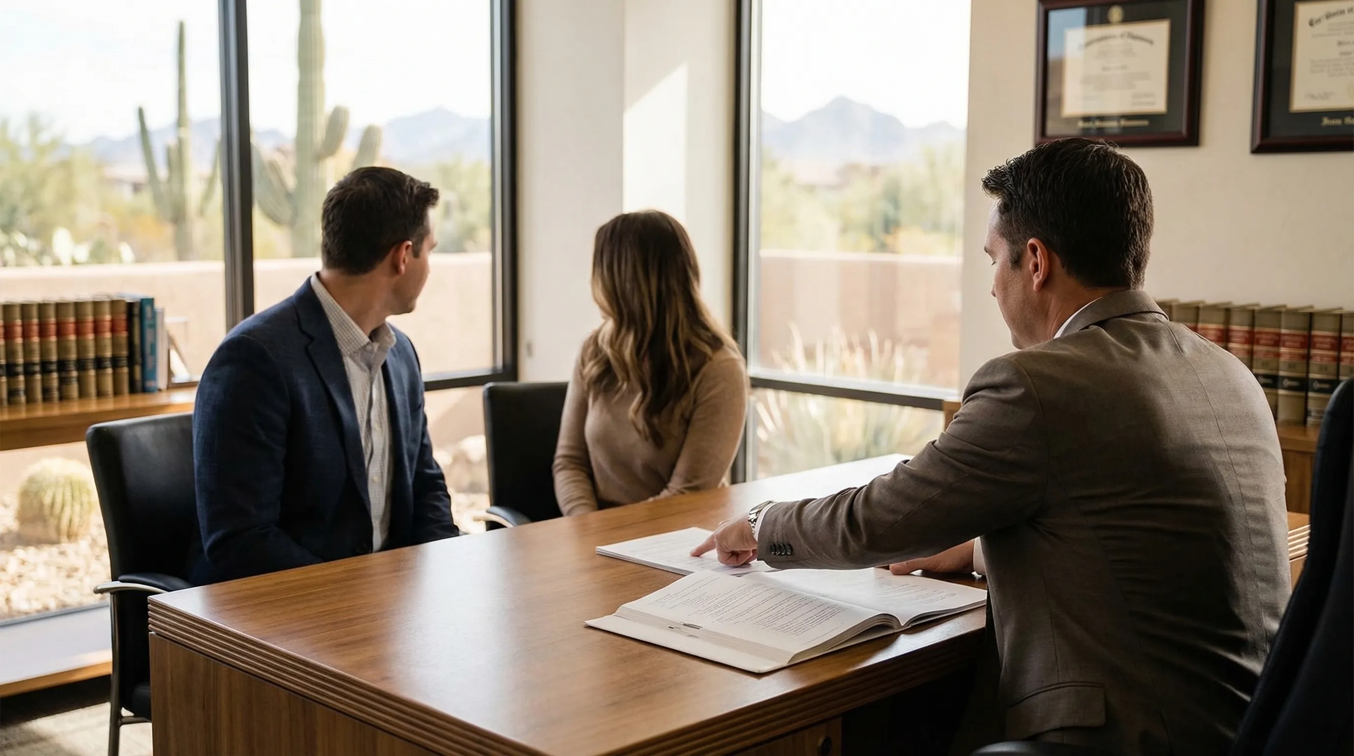 Professional attorney in a modern law office in Glendale, AZ conducting a client consultation at a desk with legal documents and a city view in the background