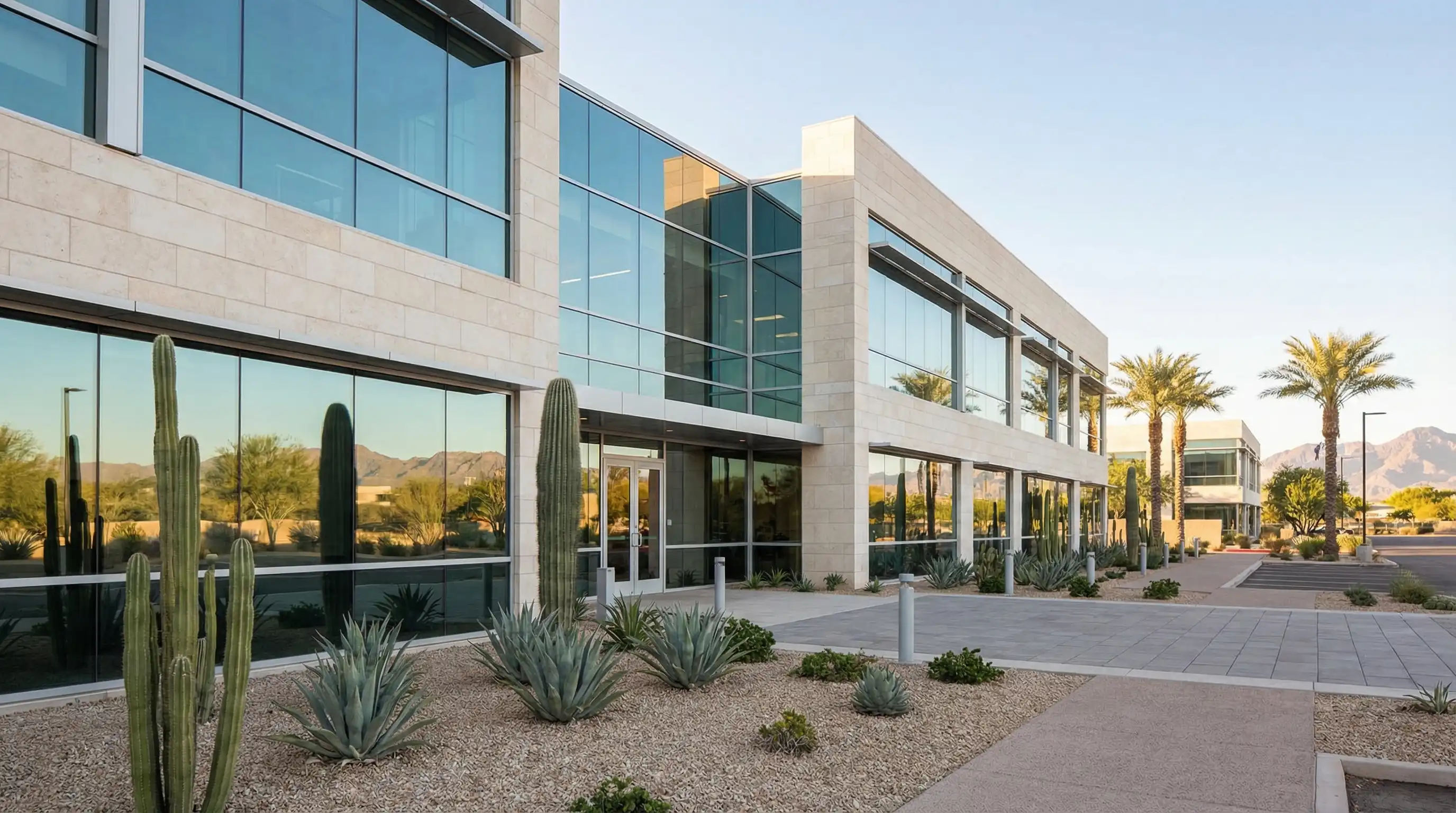 Professional attorney in a modern law office in Glendale, AZ conducting a client consultation at a desk with legal documents and a city view in the background