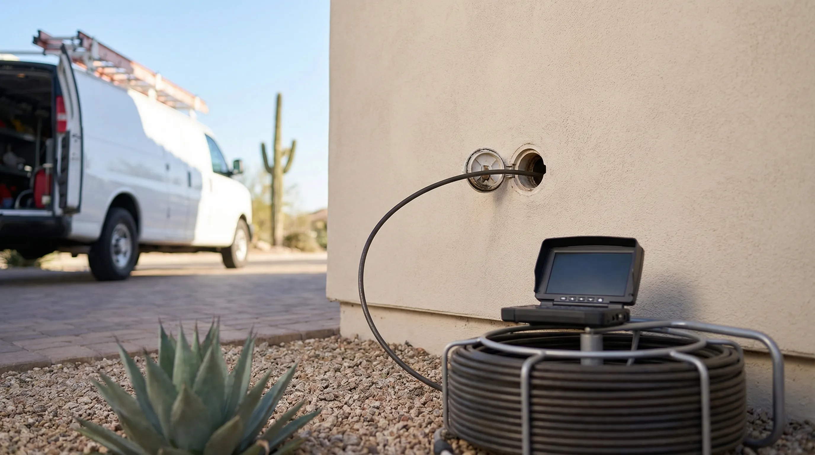 Professional plumber in a clean branded uniform inspecting under a kitchen sink in a modern Glendale home with Arizona tile backsplash and natural light