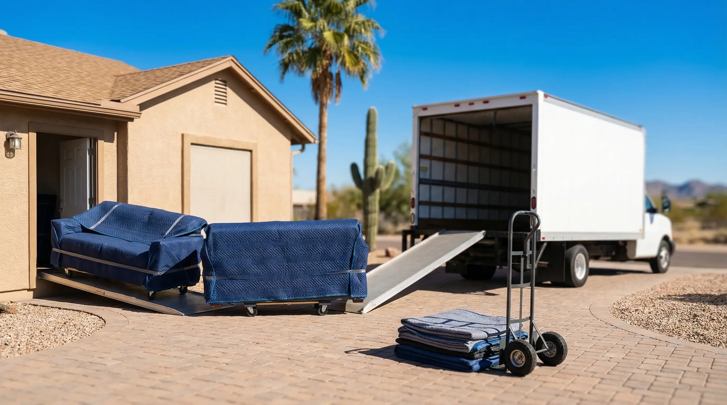 Professional moving crew carefully loading a branded moving truck outside a single-story Glendale home with palm tree and desert landscaping under clear blue Arizona sky