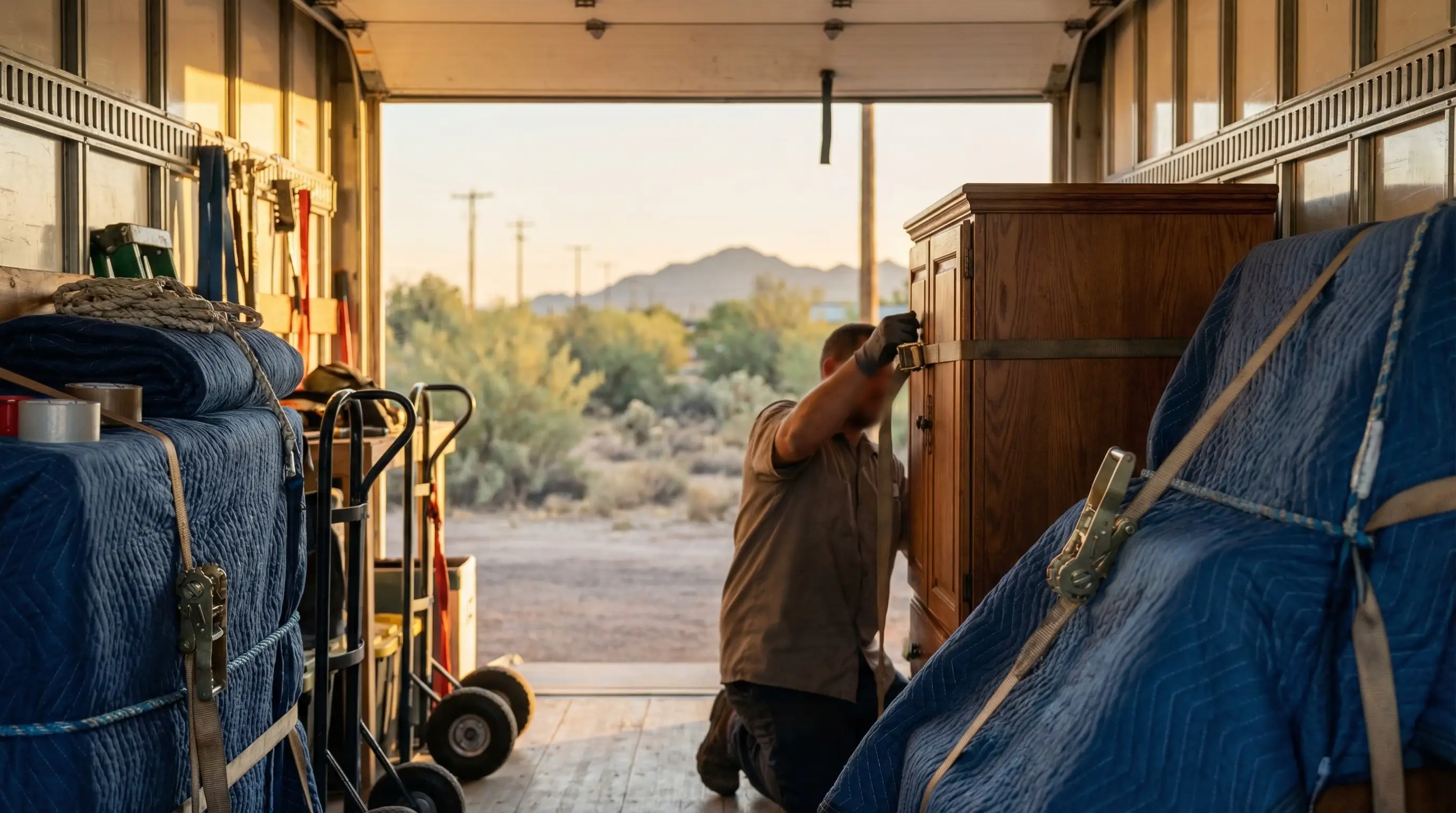 Professional moving crew carefully loading a branded moving truck outside a single-story Glendale home with palm tree and desert landscaping under clear blue Arizona sky