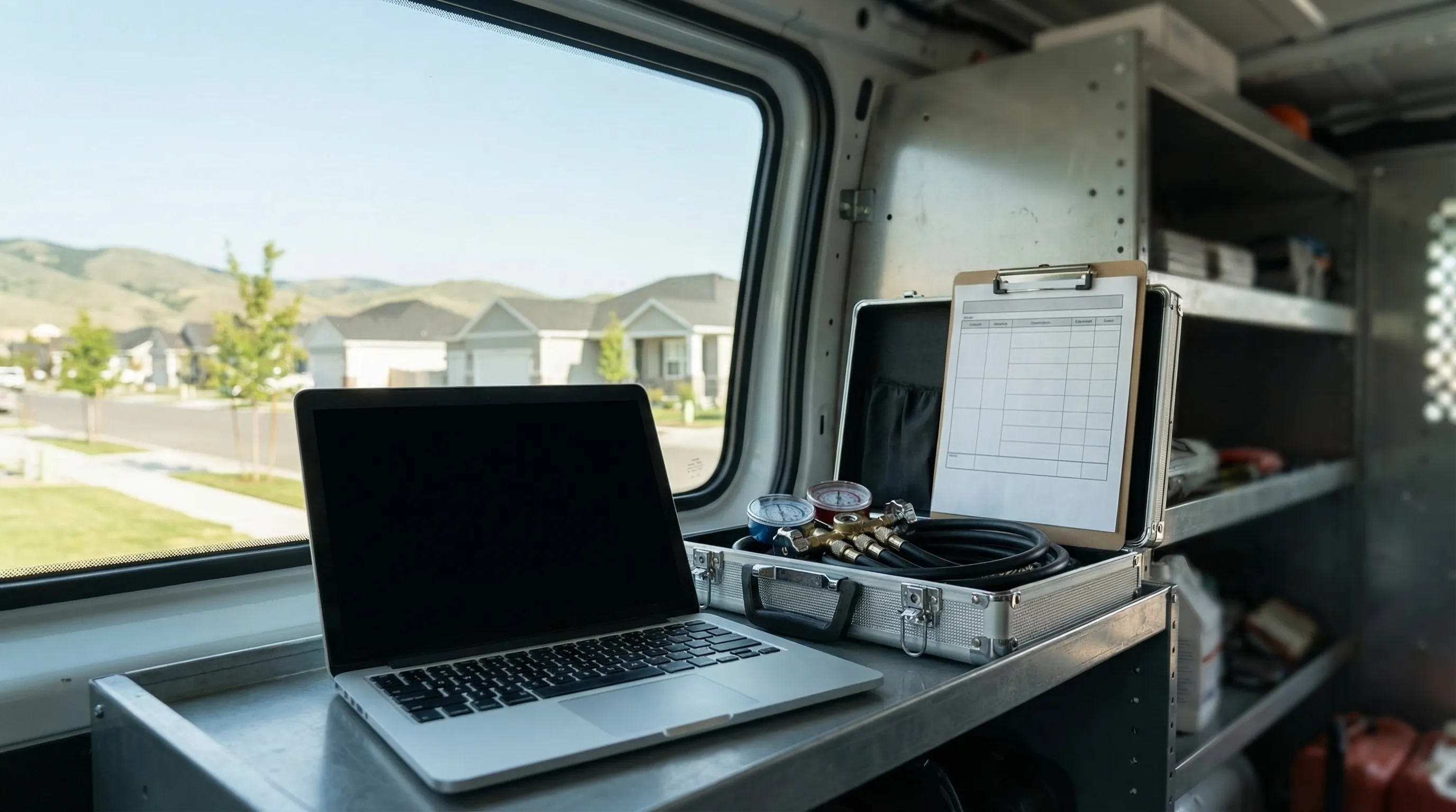 Professional HVAC technician checking refrigerant gauges on a rooftop condenser unit in a new-construction Treasure Valley neighborhood, Boise, ID
