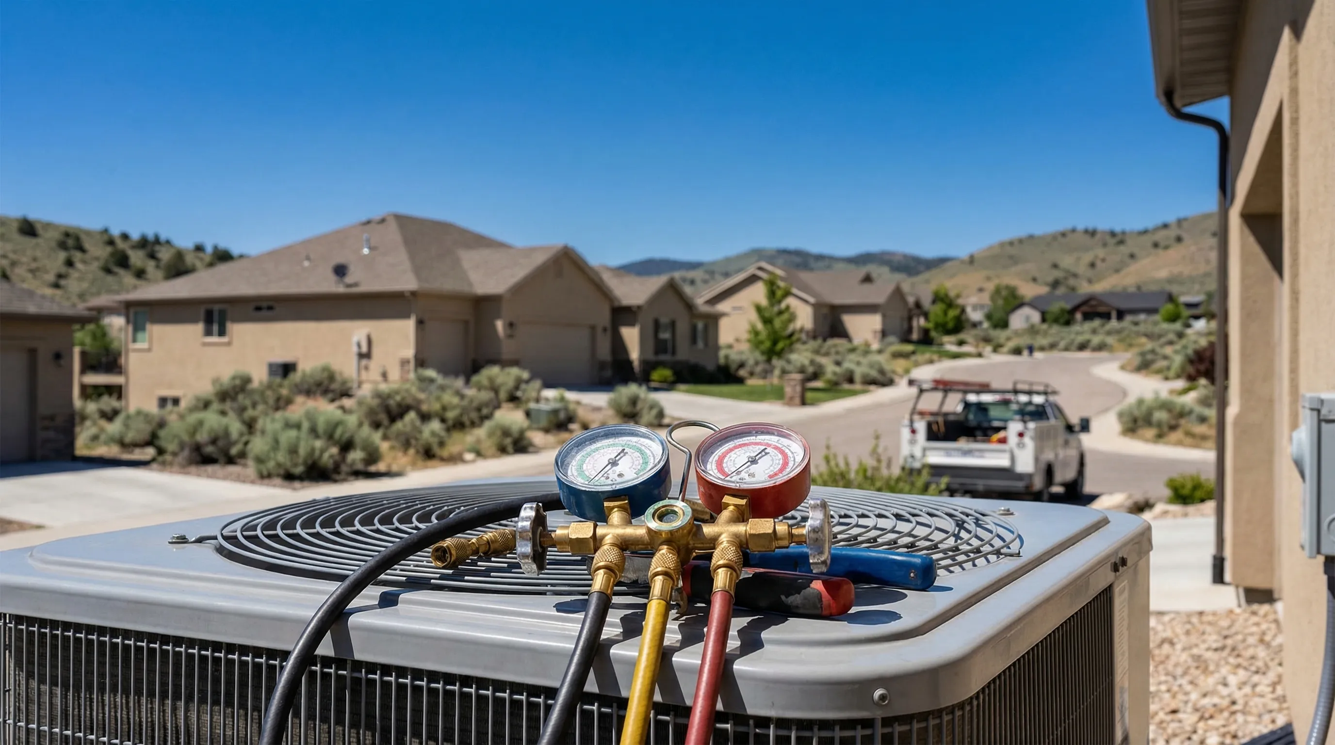 Professional HVAC technician checking refrigerant gauges on a rooftop condenser unit in a new-construction Treasure Valley neighborhood, Boise, ID