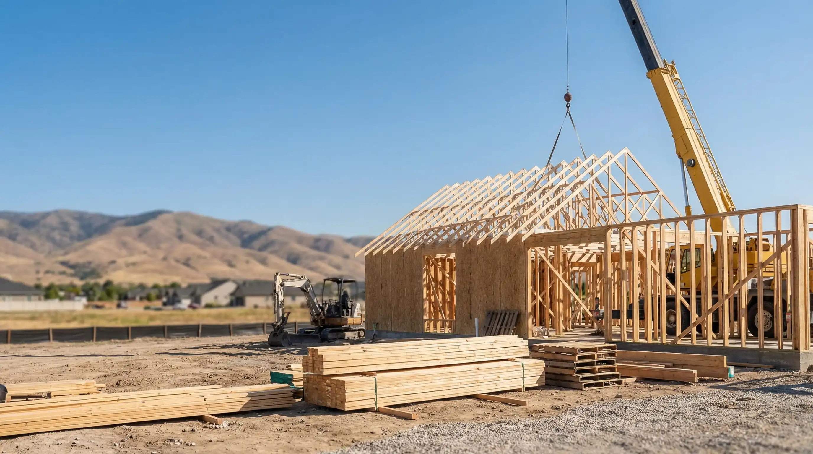 Construction project manager reviewing blueprints at a job site trailer in a Treasure Valley subdivision, Boise, ID, with framing crew working in background