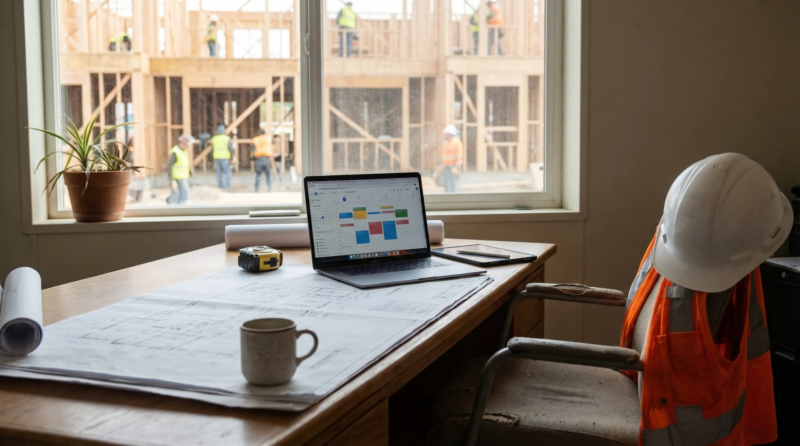 Construction project manager reviewing blueprints at a job site trailer in a Treasure Valley subdivision, Boise, ID, with framing crew working in background