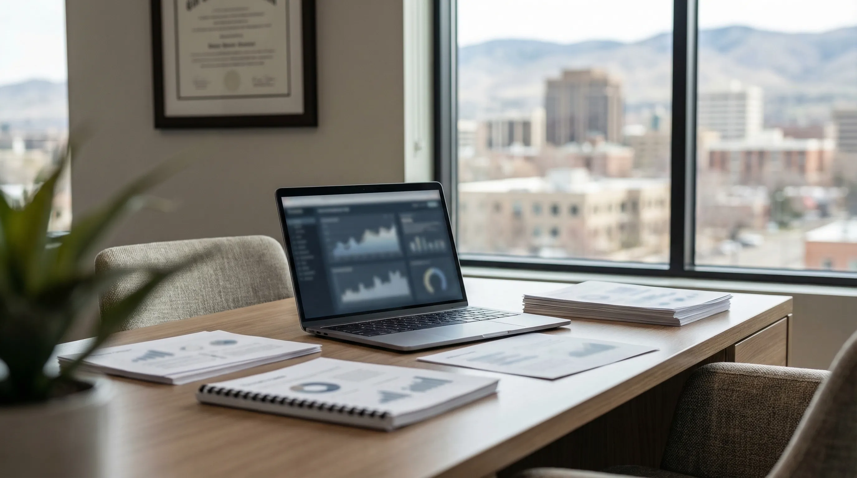 Real estate agent consulting with clients in a Boise Idaho office with Treasure Valley MLS listings on screen and Boise Foothills visible through the window