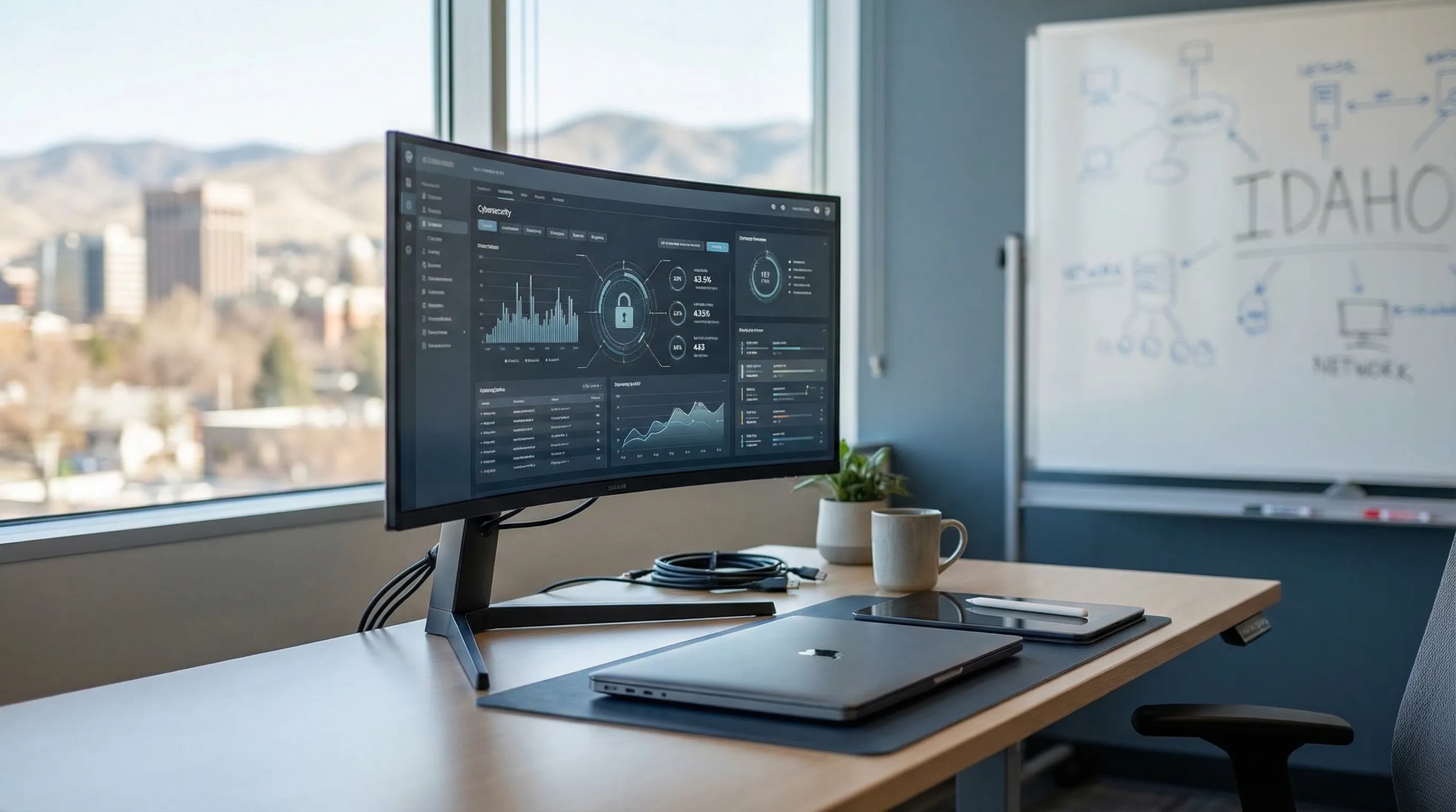 IT consultant reviewing a cybersecurity dashboard on a large monitor in a modern Boise Idaho technology office with Boise Foothills visible through the window