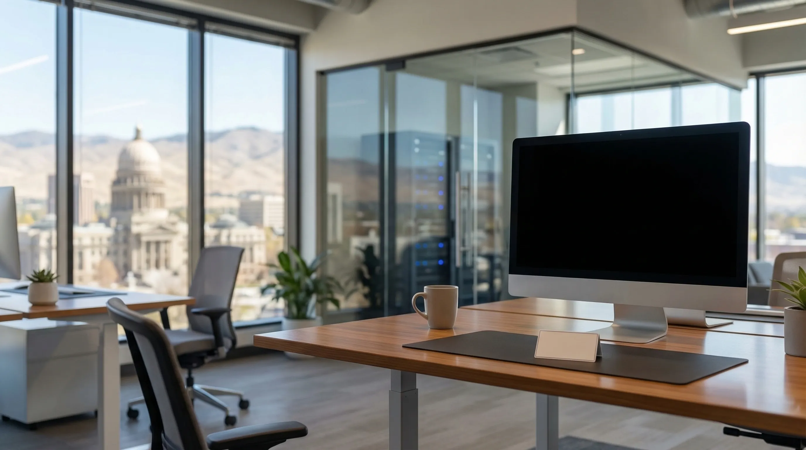 IT consultant reviewing a cybersecurity dashboard on a large monitor in a modern Boise Idaho technology office with Boise Foothills visible through the window