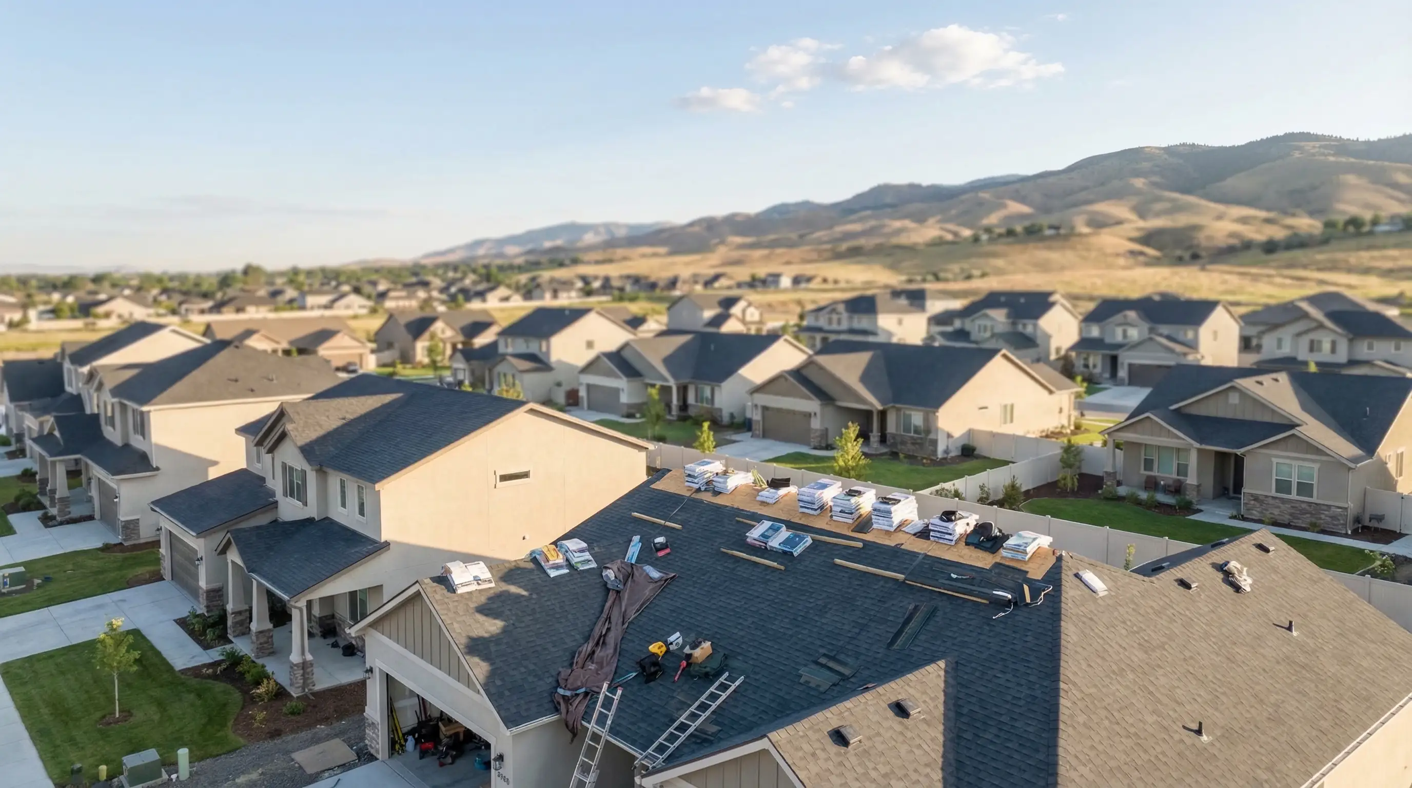 Roofing contractor inspecting hail damage on residential roof in Boise, ID with Treasure Valley neighborhood in background