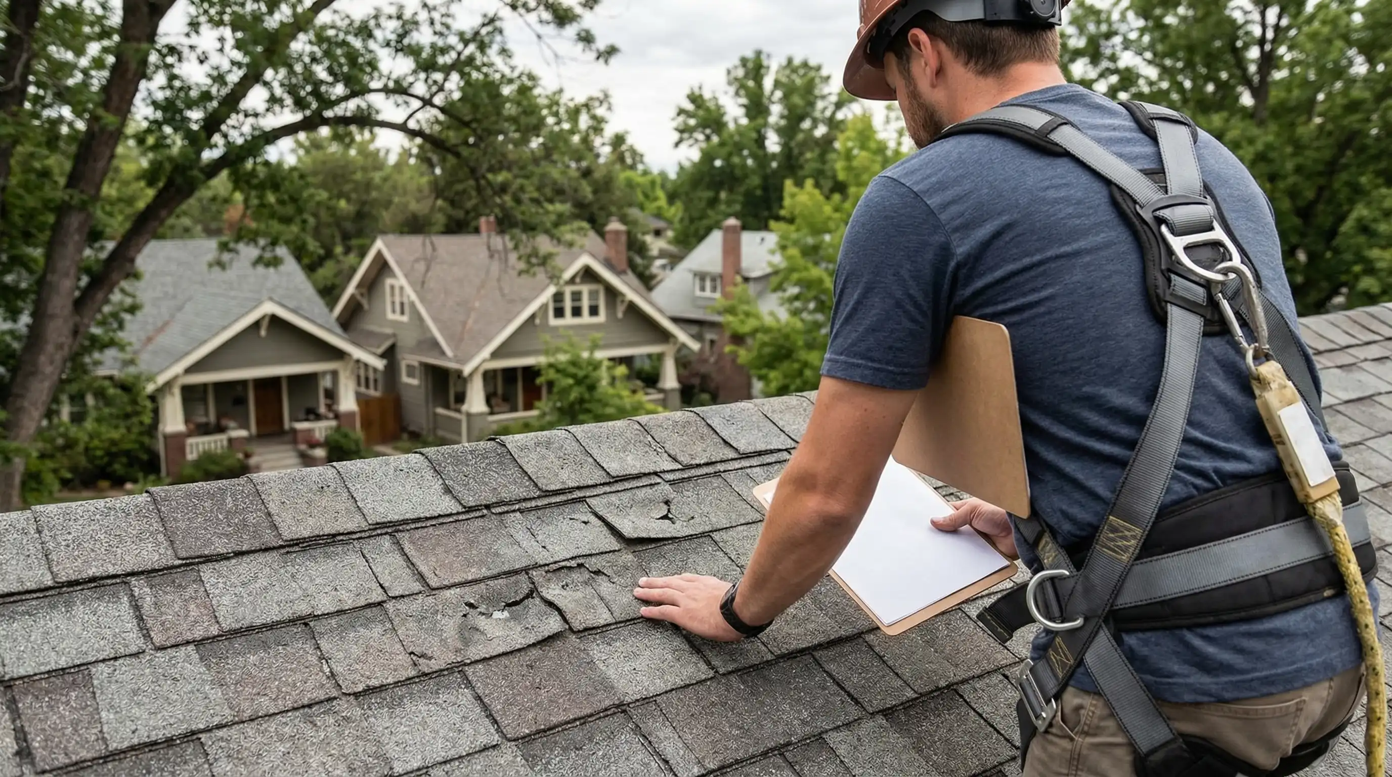 Roofing contractor inspecting hail damage on residential roof in Boise, ID with Treasure Valley neighborhood in background
