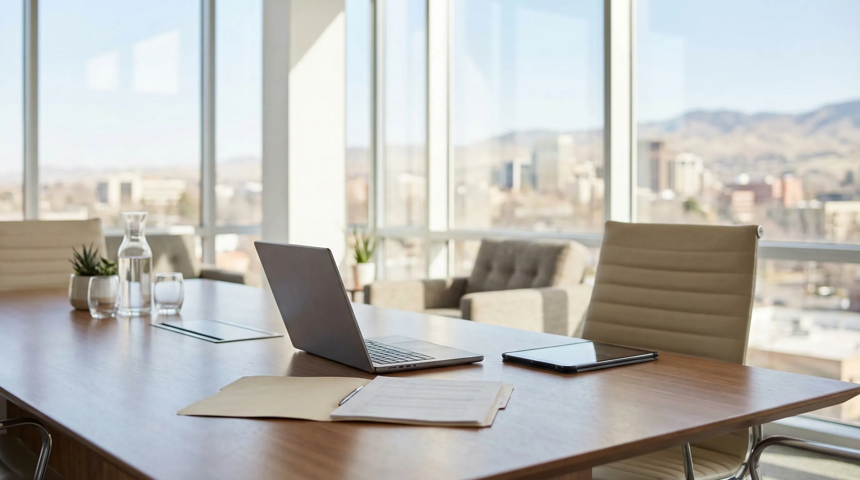 Attorney reviewing case documents in modern law office with Idaho State Capitol visible through window in Boise, ID