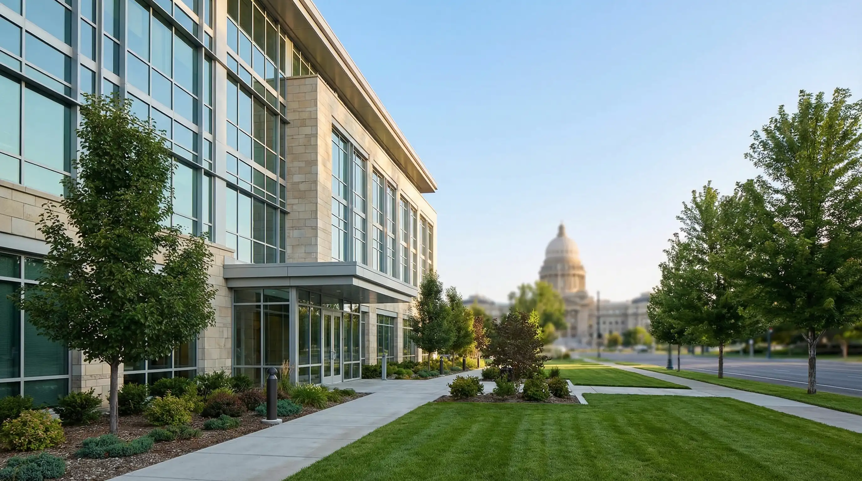 Attorney reviewing case documents in modern law office with Idaho State Capitol visible through window in Boise, ID