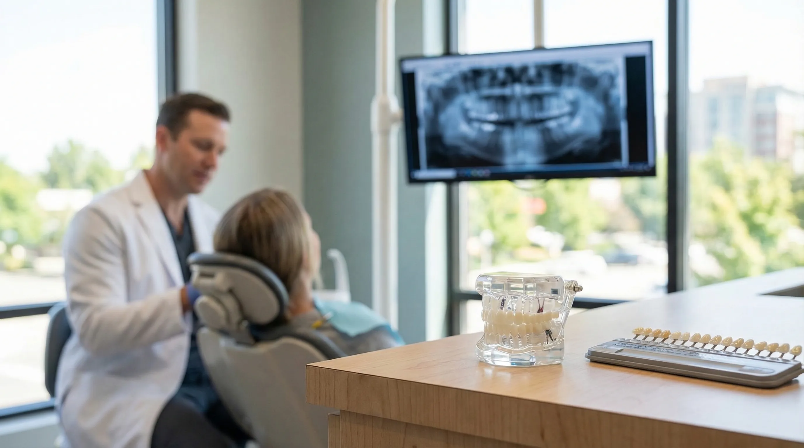Modern dental practice reception area with friendly staff welcoming new patients in Boise, ID with Treasure Valley foothills visible through window
