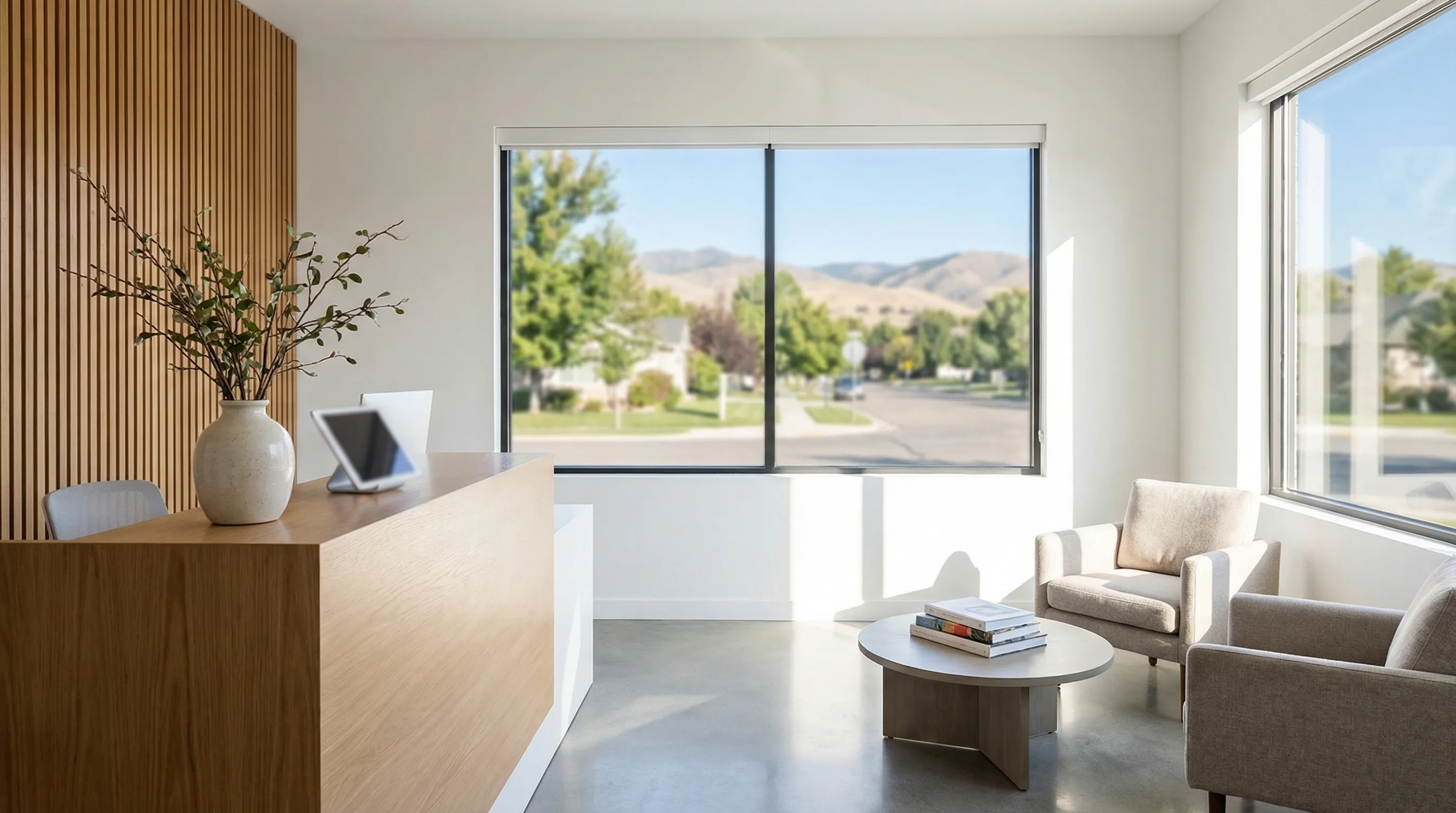 Modern dental practice reception area with friendly staff welcoming new patients in Boise, ID with Treasure Valley foothills visible through window