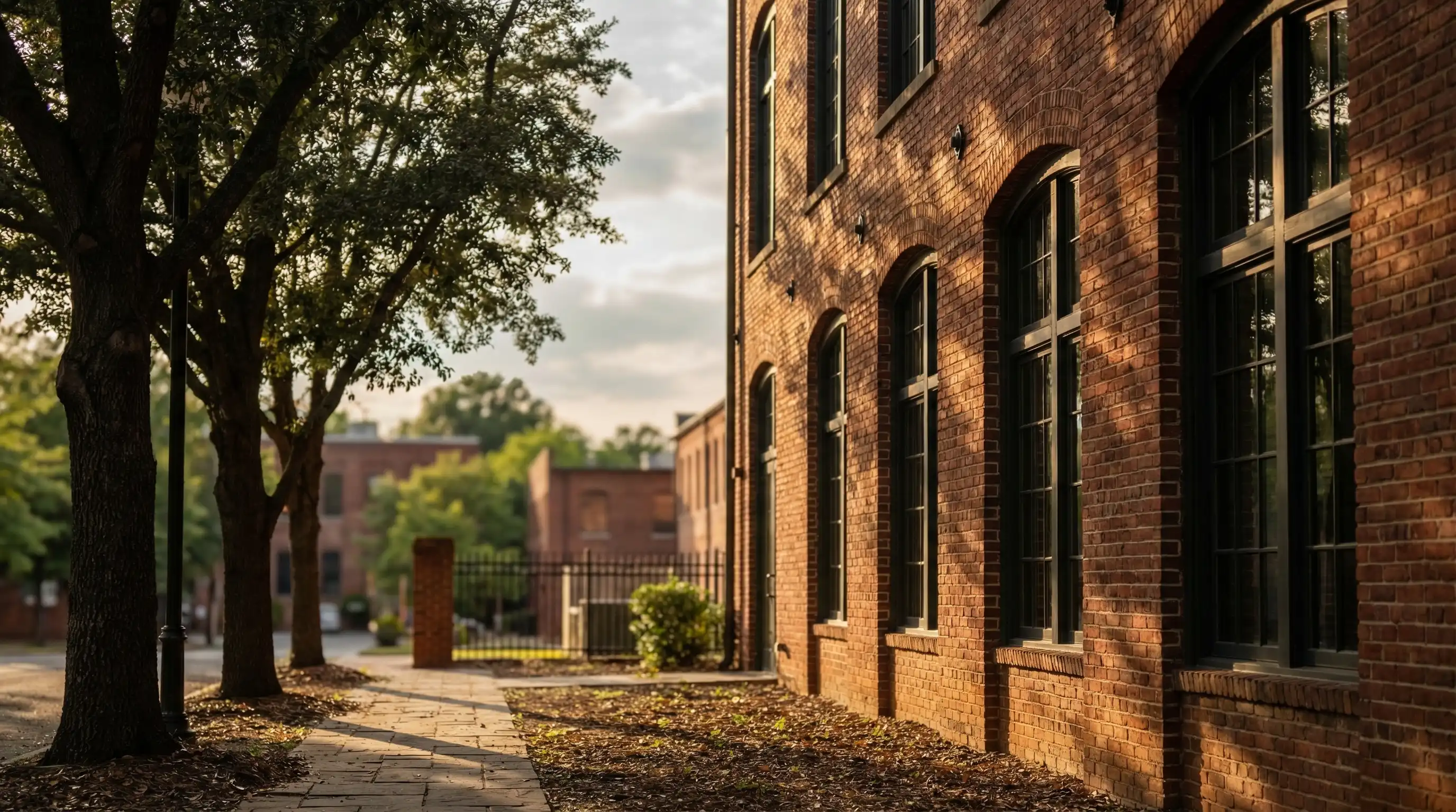 Professional law office meeting room in Durham, NC with warm wood conference table and downtown brick view